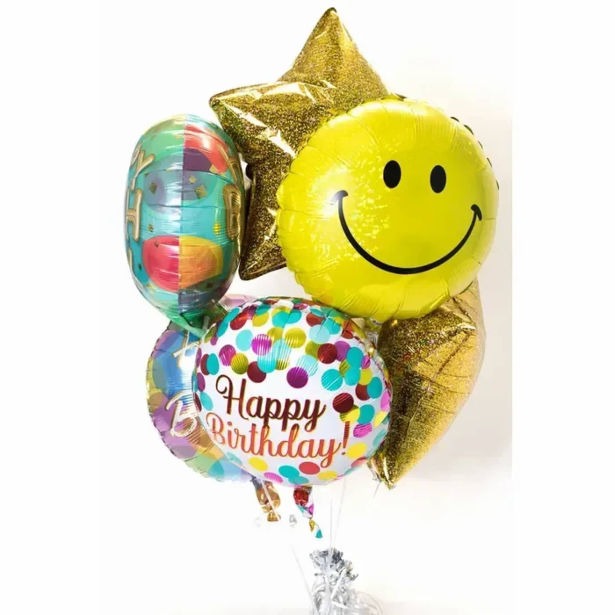 Birthday balloon bouquet with a smiley face, star, and message balloons