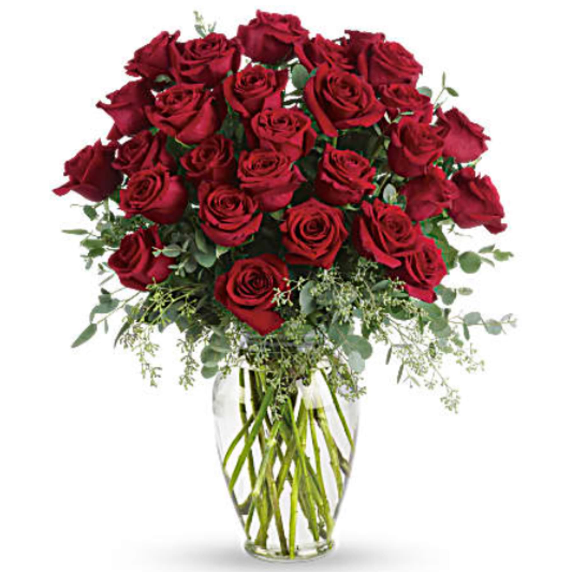 Bouquet of red roses in a clear glass vase