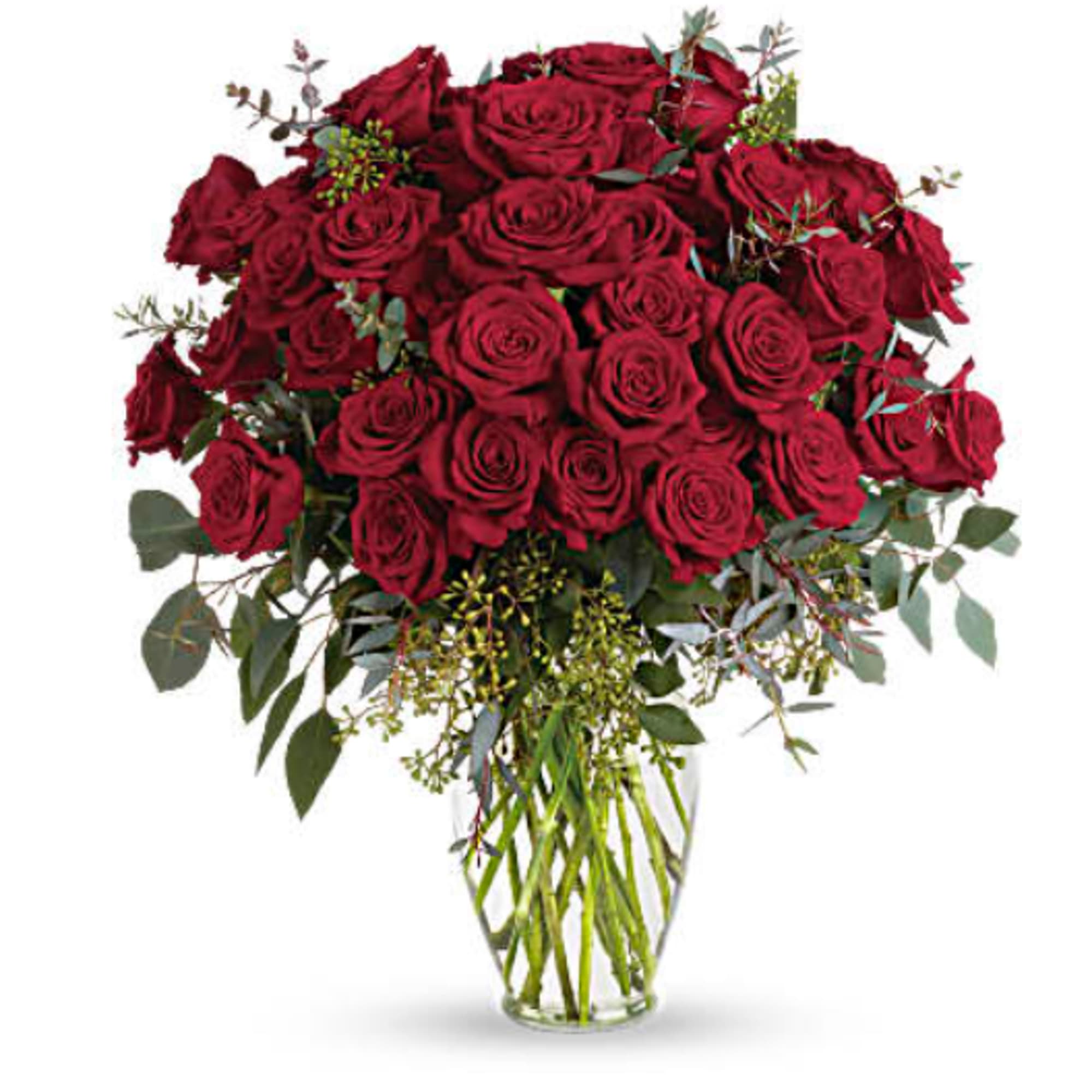 Bouquet of red roses in a clear glass vase