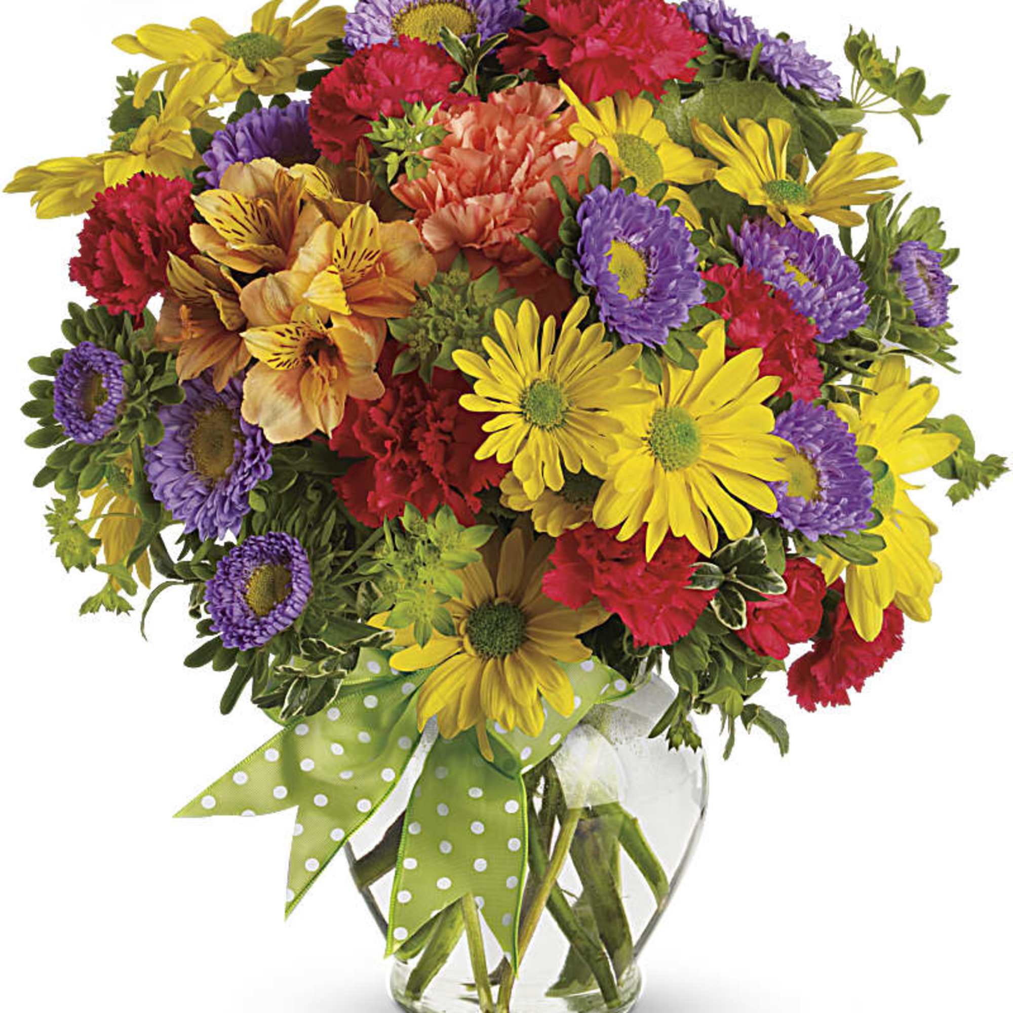 Colorful mixed bouquet in a clear glass vase with a green polka-dot ribbon