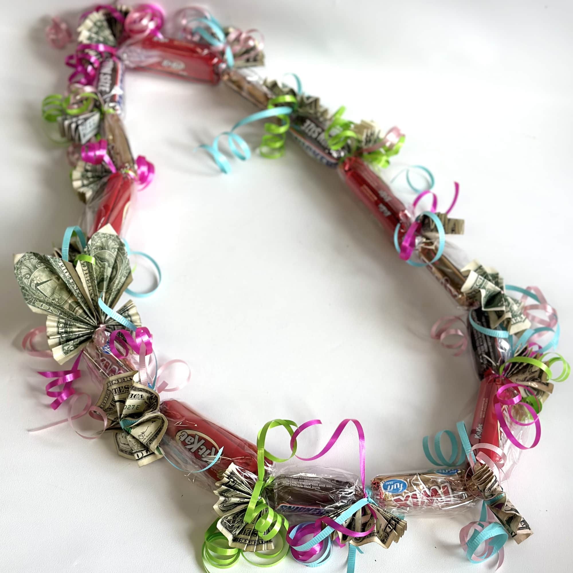 Candy and money garland shaped like a necklace