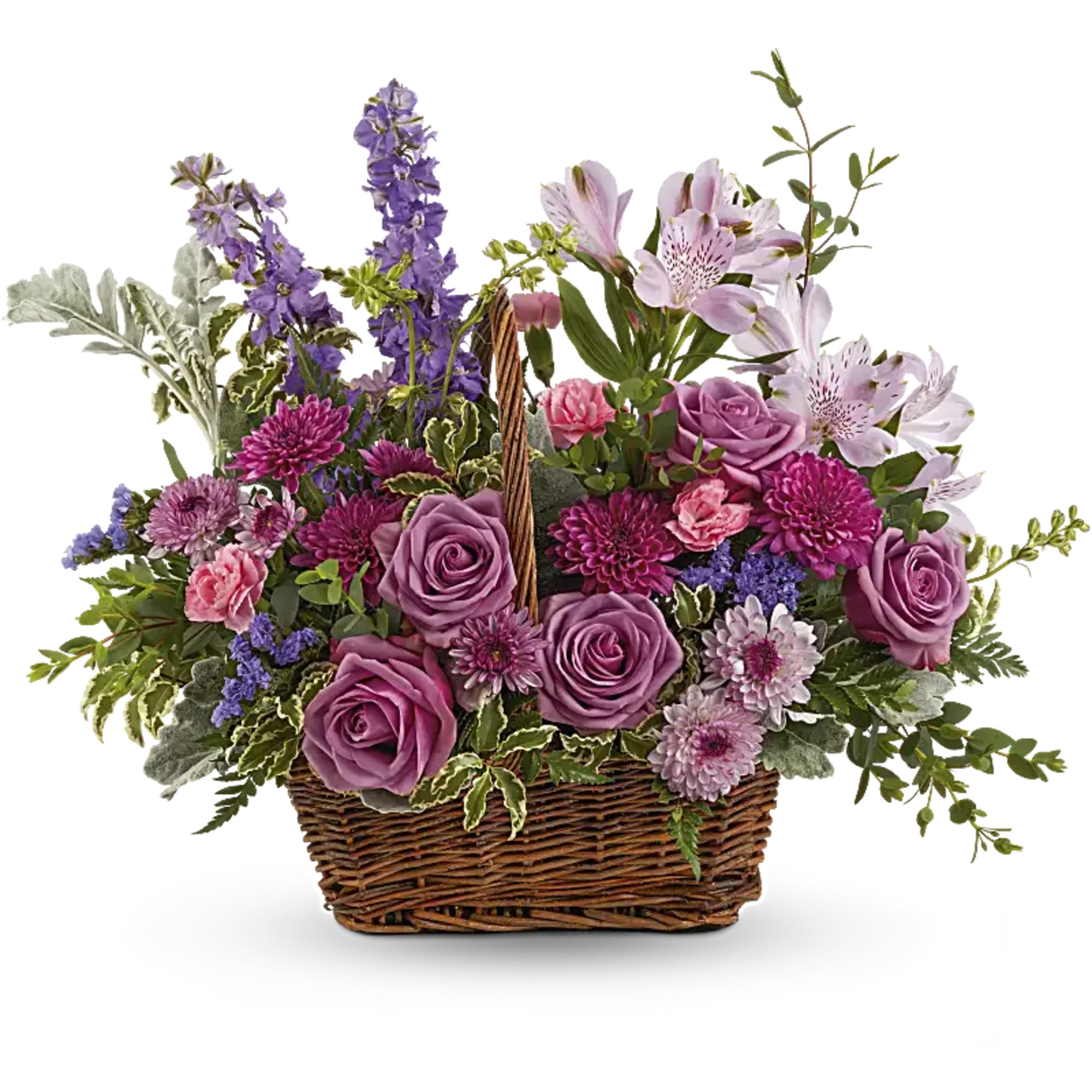 This lush lavender rose arrangement is a basket of beauty to brighten
