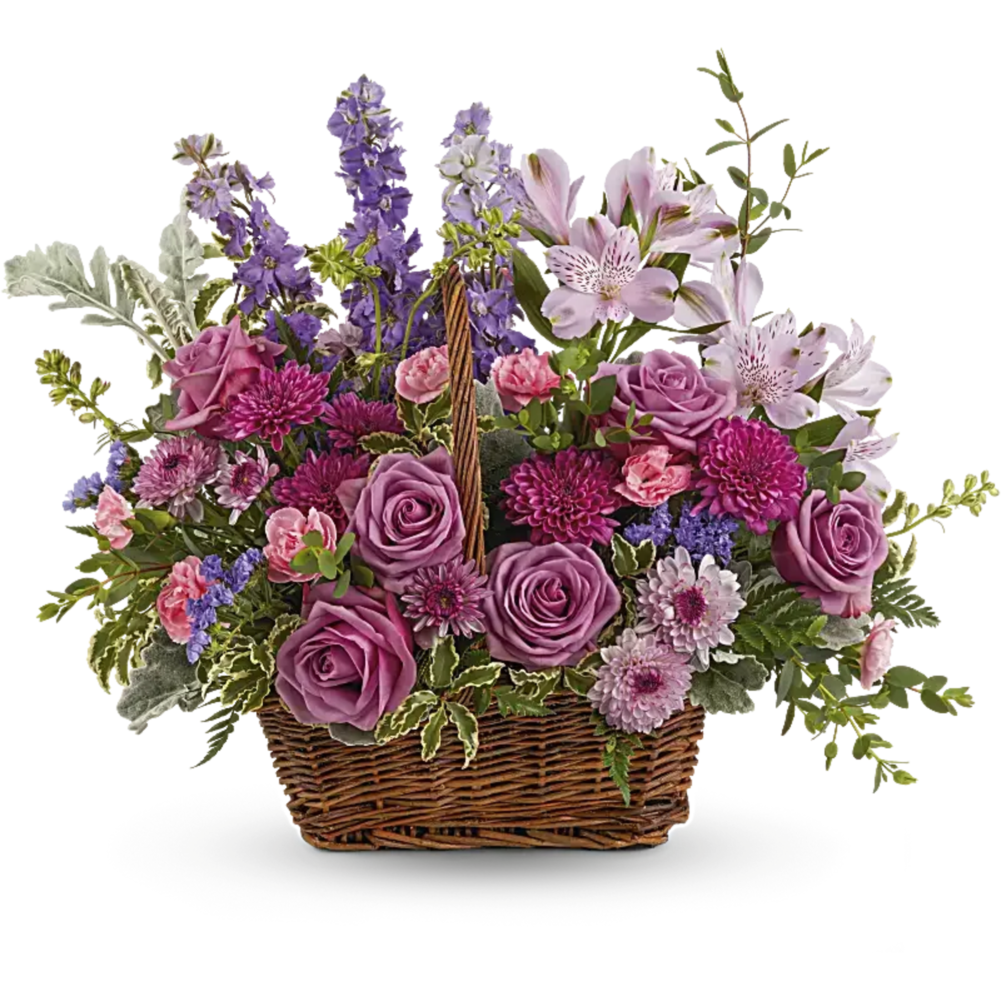 This lush lavender rose arrangement is a basket of beauty to brighten