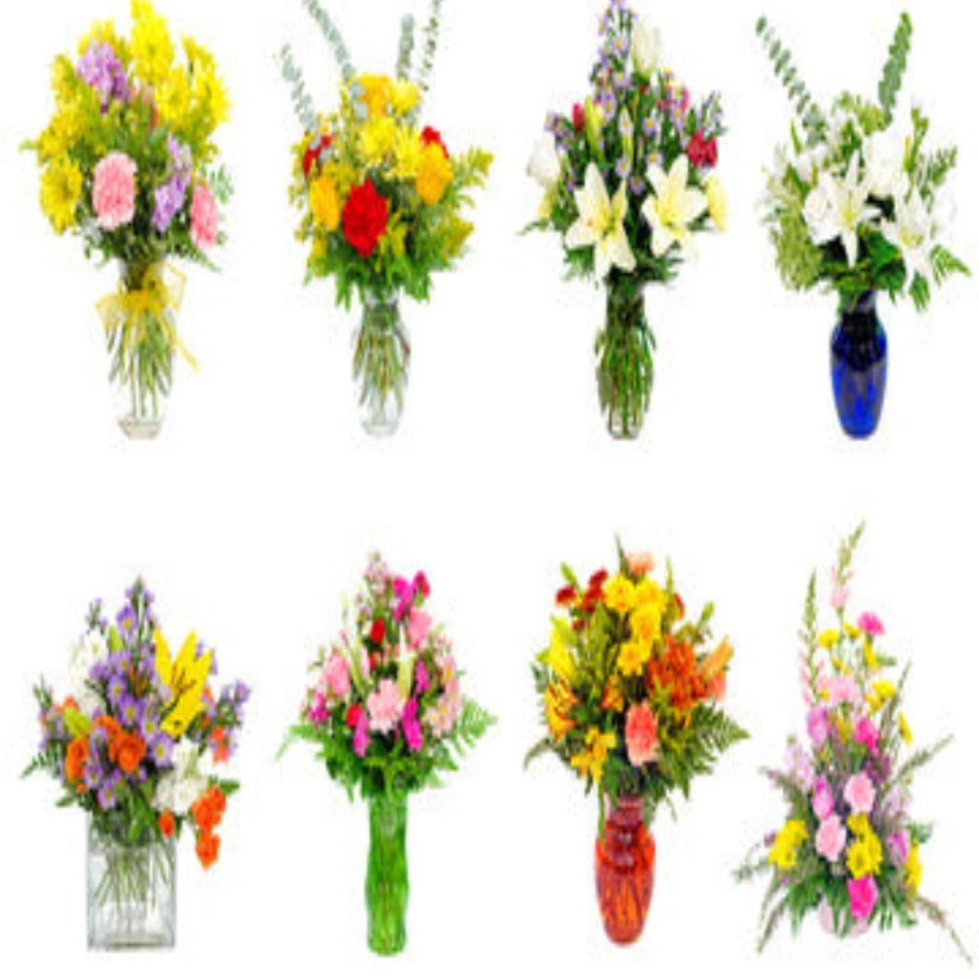 Assorted colorful flower bouquets in vases on a white background