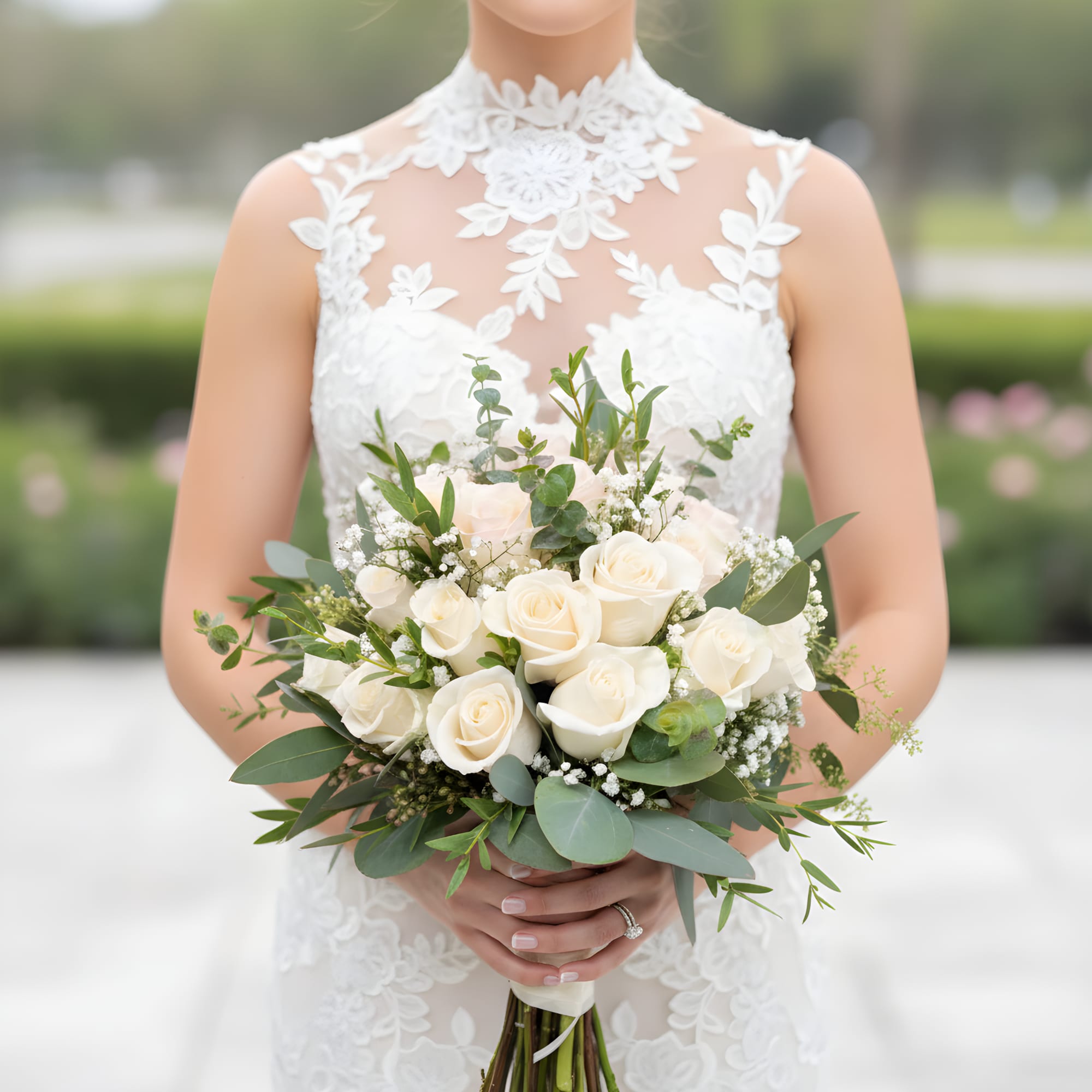 Bride holding a bouquet of white roses and greenery