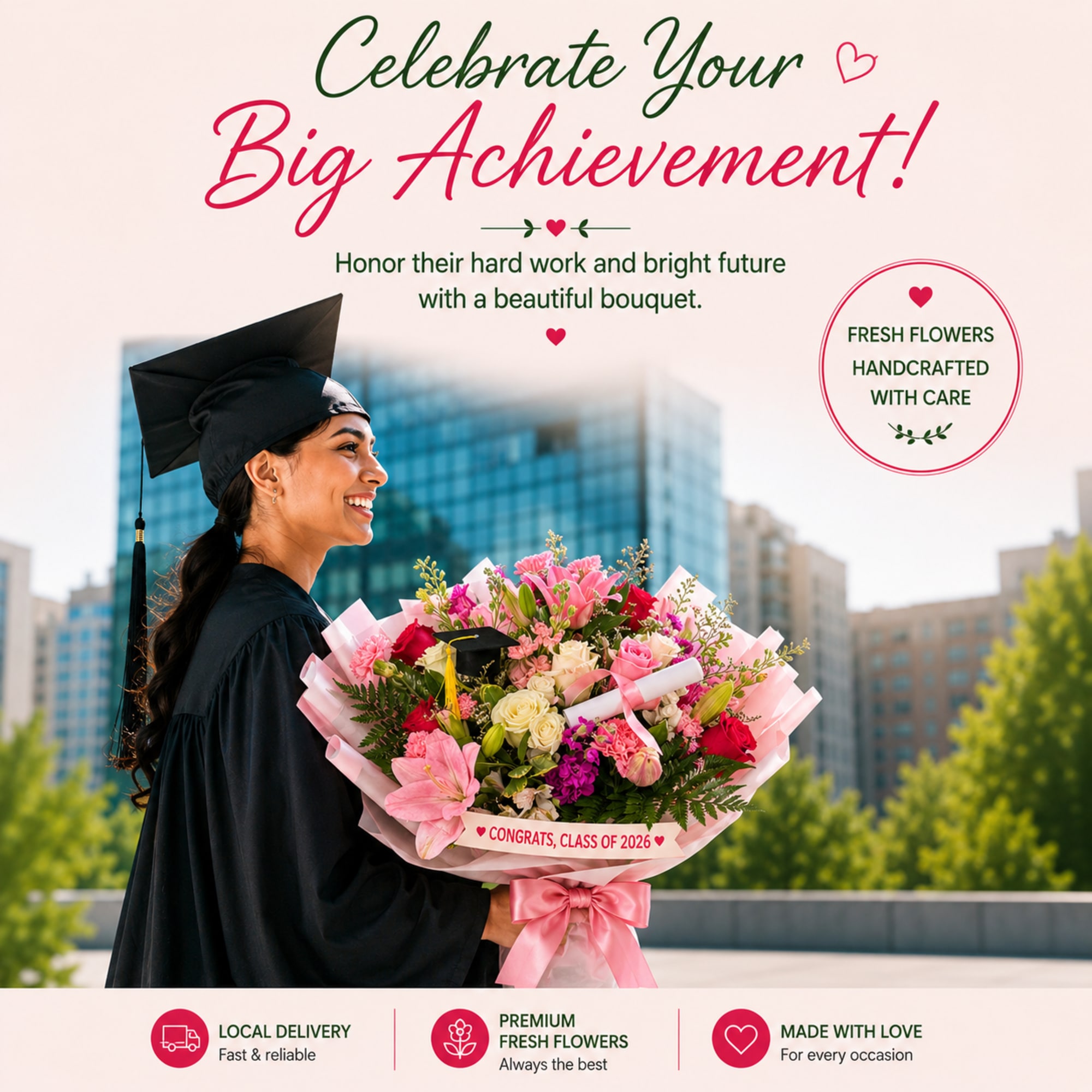 Celebrate their big achievement with a stunning hand-tied bouquet featuring premium roses