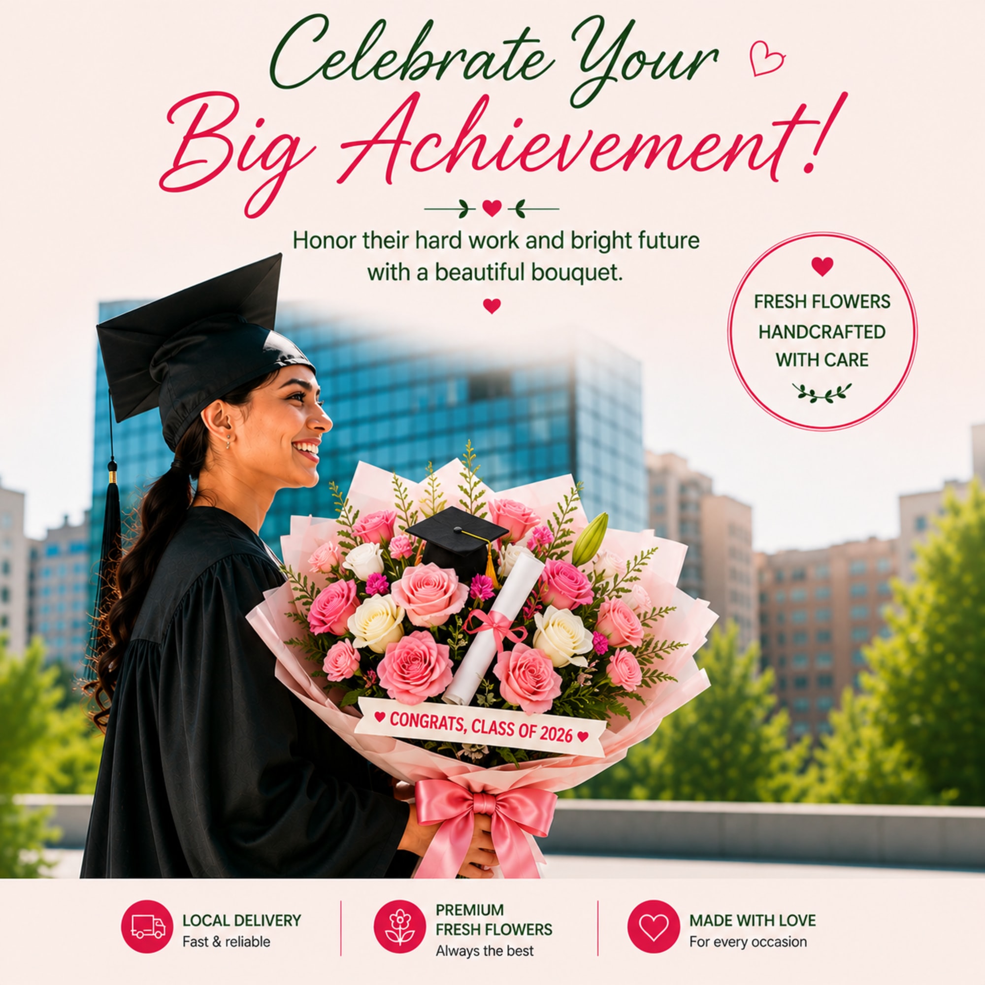 Celebrate their big achievement with a stunning hand-tied bouquet featuring premium roses