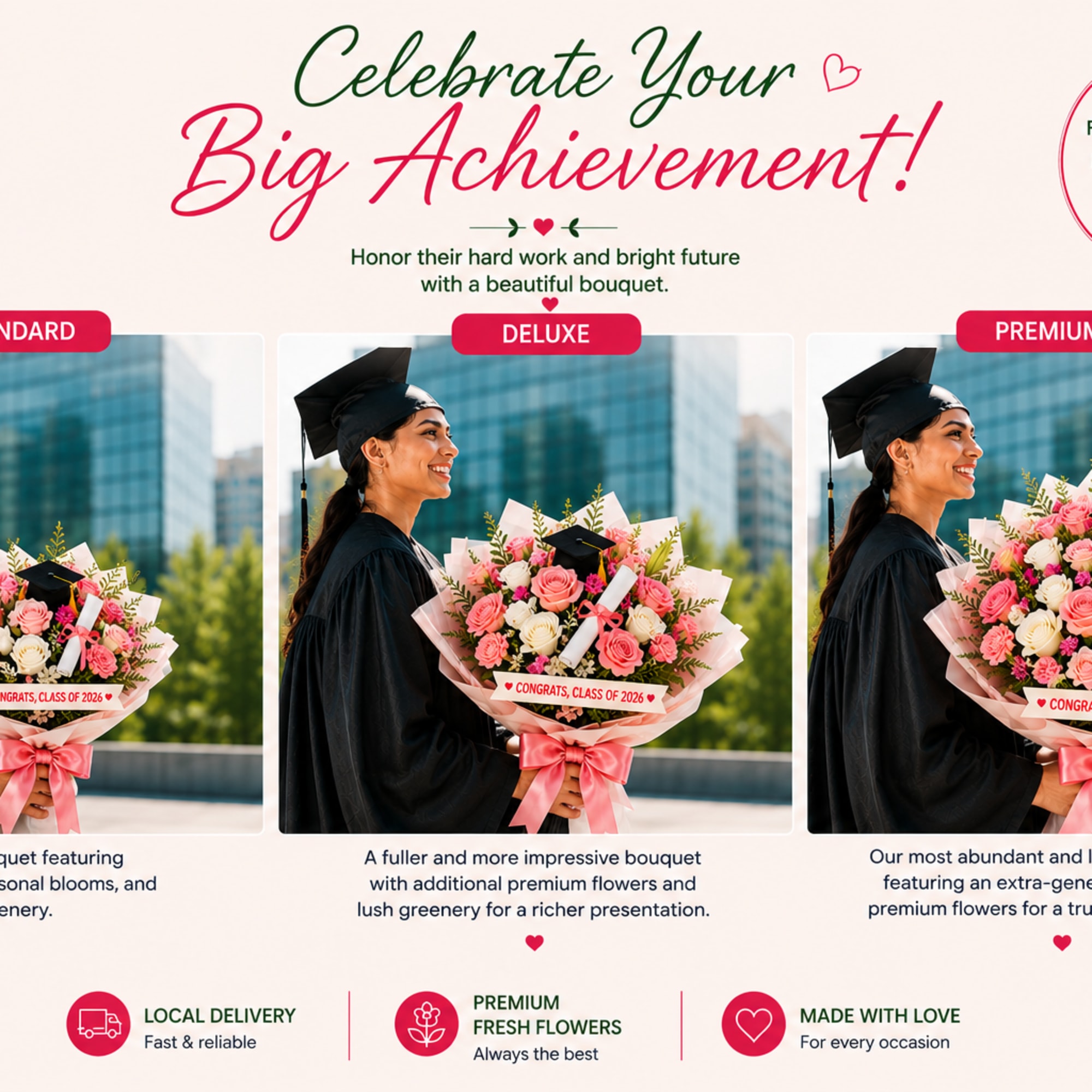 Celebrate their big achievement with a stunning hand-tied bouquet featuring premium roses