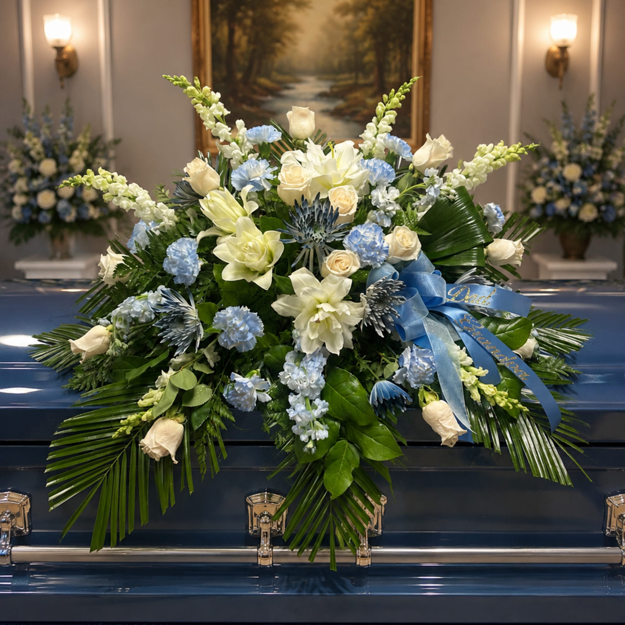 A mixture of white vendela roses tipped medium blue, medium blue snap
