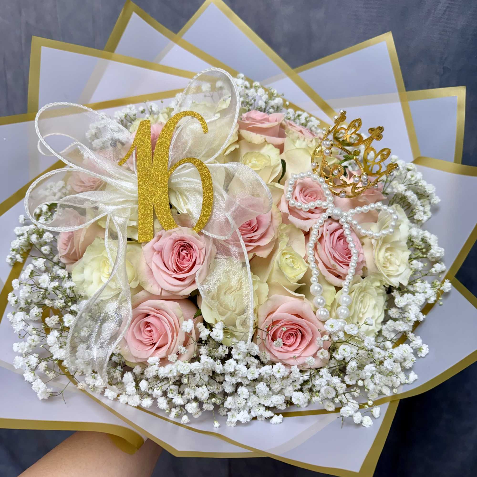Stunning 2 Dozen Pink White Roses Bouquet for Sweet Sixteen Birthday! Including