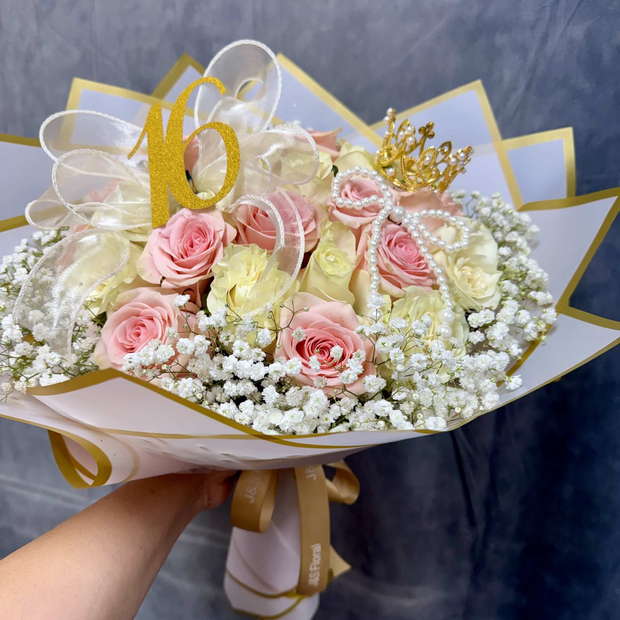Stunning 2 Dozen Pink White Roses Bouquet for Sweet Sixteen Birthday! Including