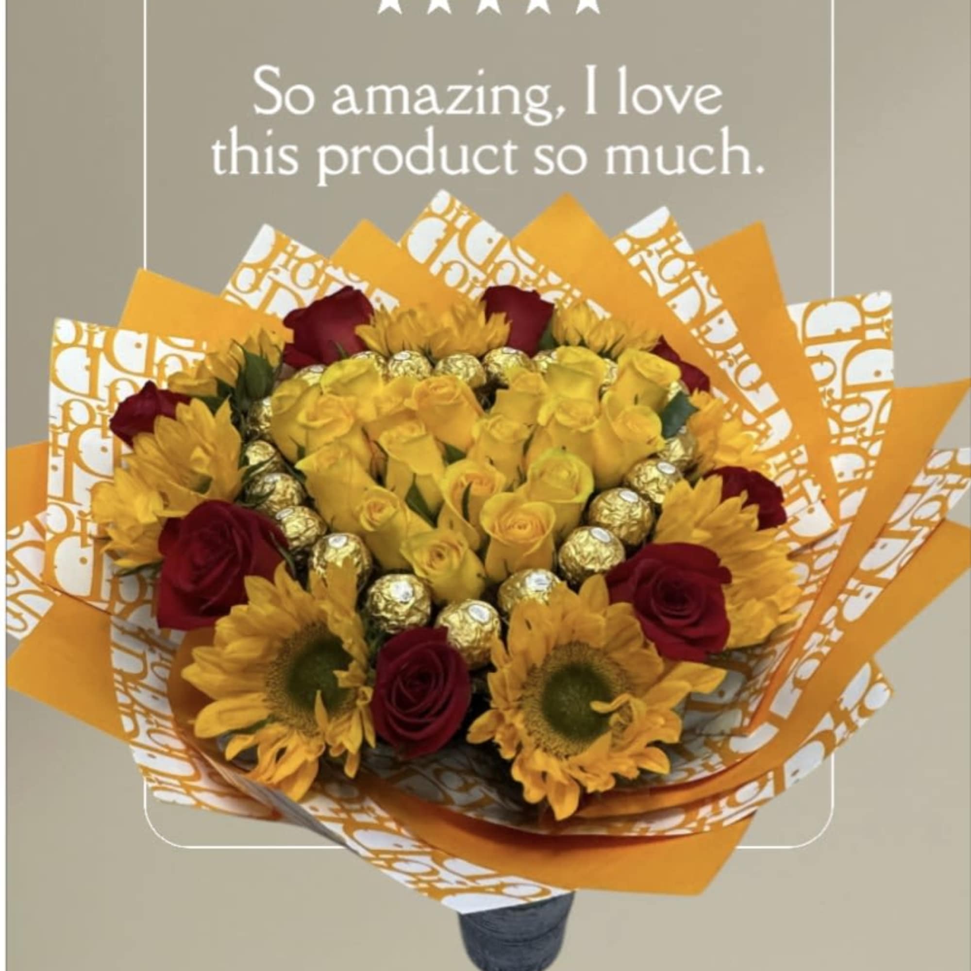 Bouquet of yellow roses, sunflowers, and red roses wrapped in orange paper