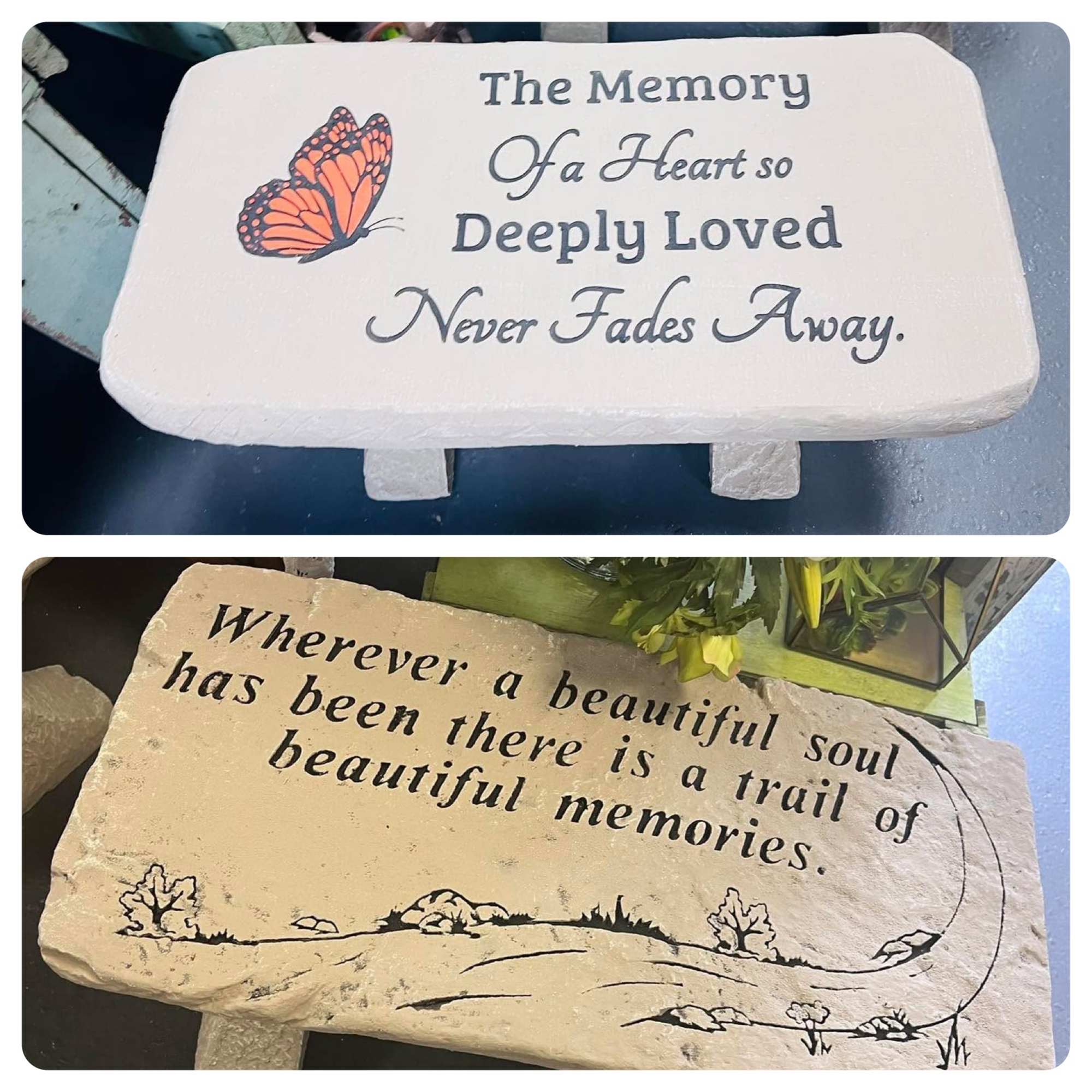 Two memorial stone plaques with sympathy messages and a butterfly design.