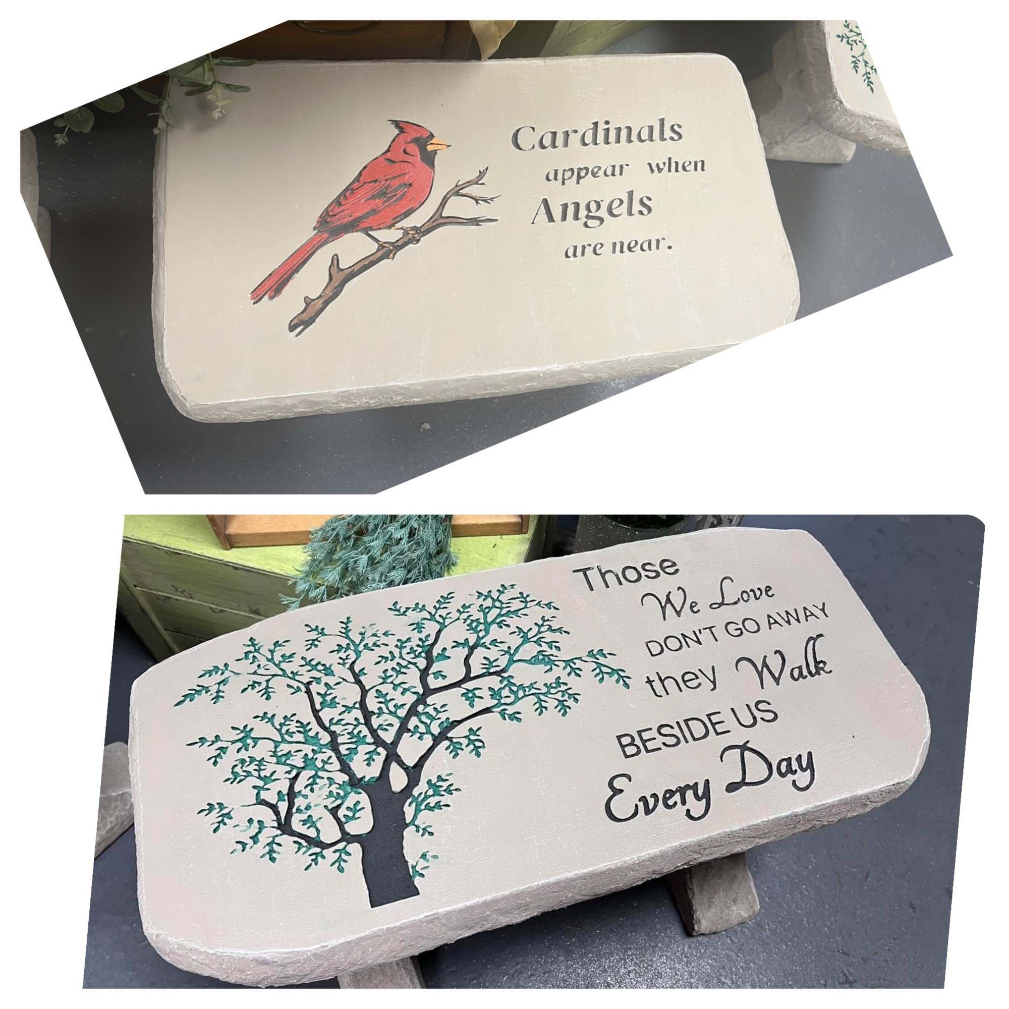 Two memorial stones with a cardinal and a tree design