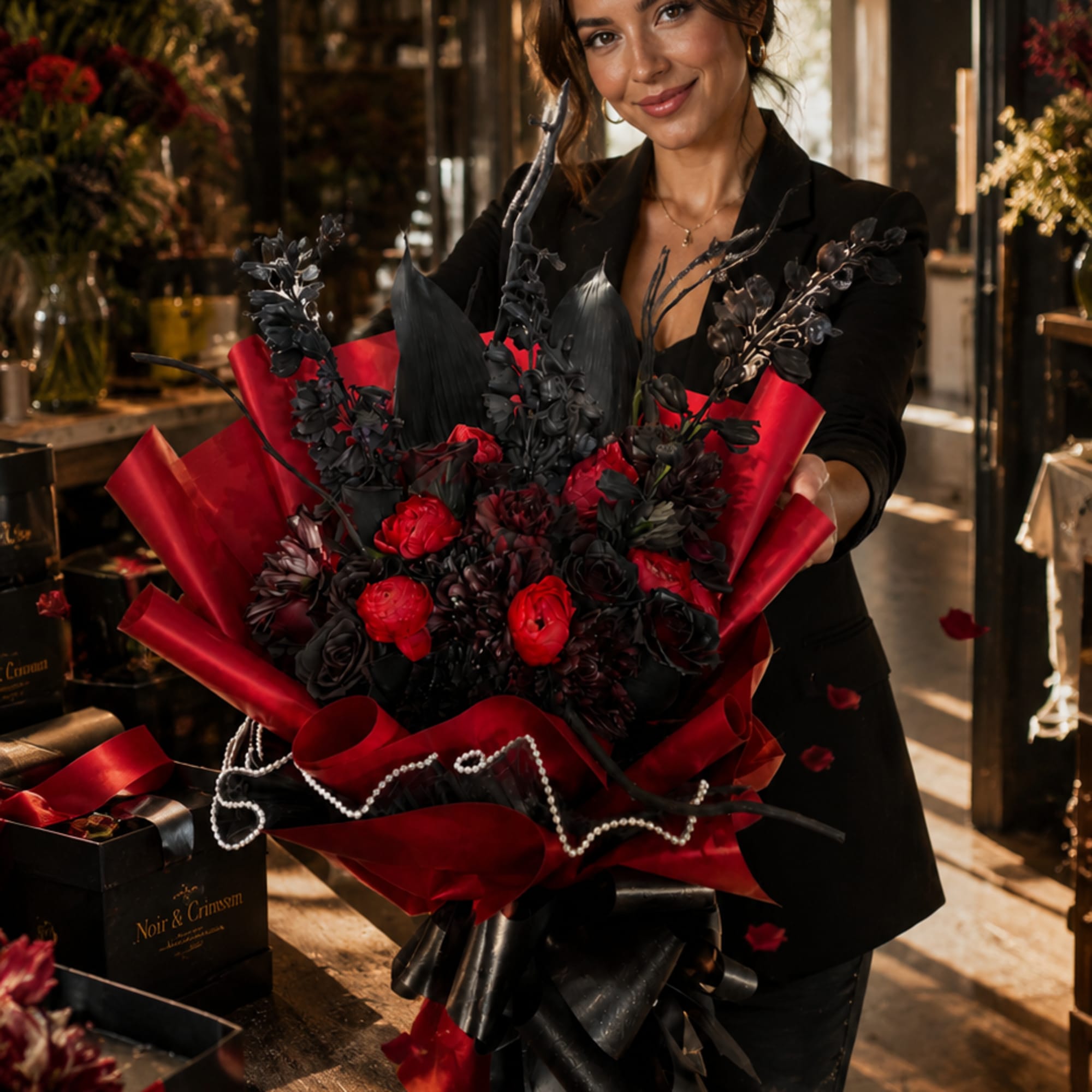 A sophisticated, modern floral arrangement in shades of deep red and rich