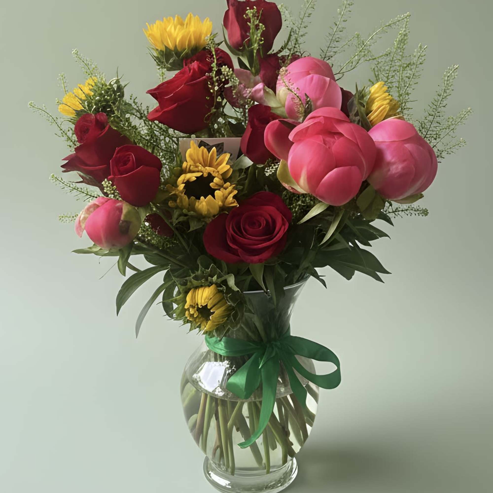A vivid mix of deep red roses, bright pink peonies and sunny