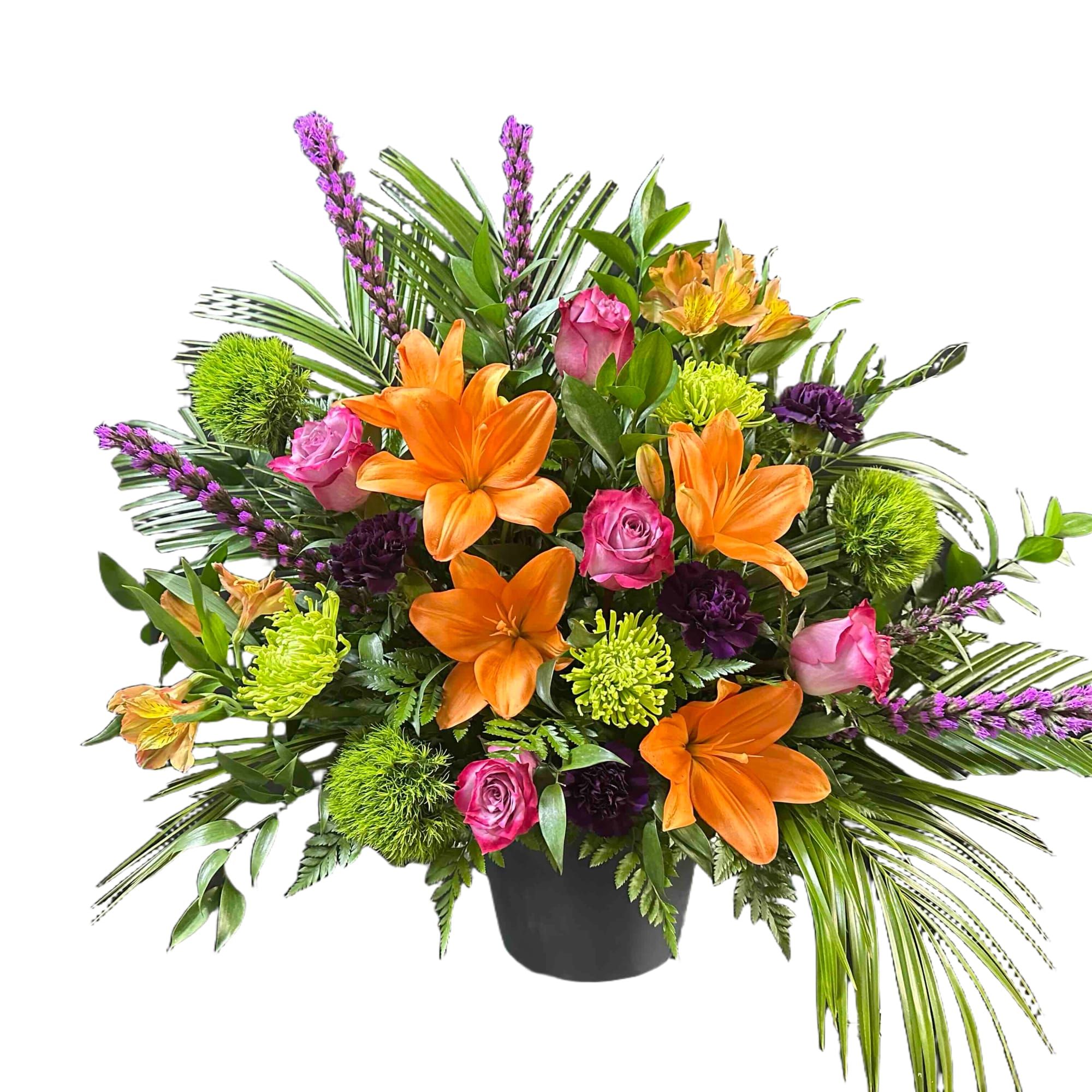 Bright mix of orange lilies, purple roses, and green cremons