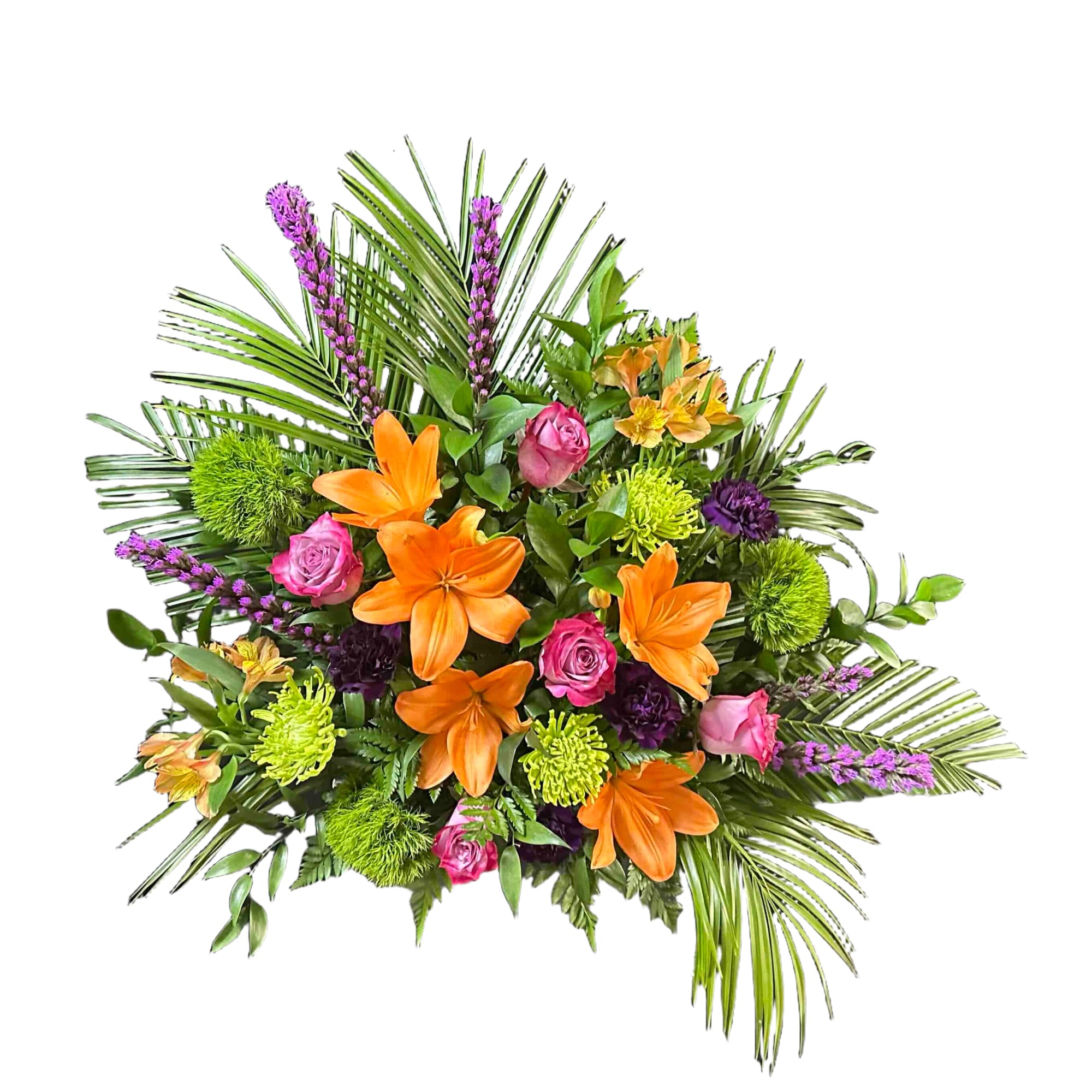 Bright mix of orange lilies, purple roses, and green cremons