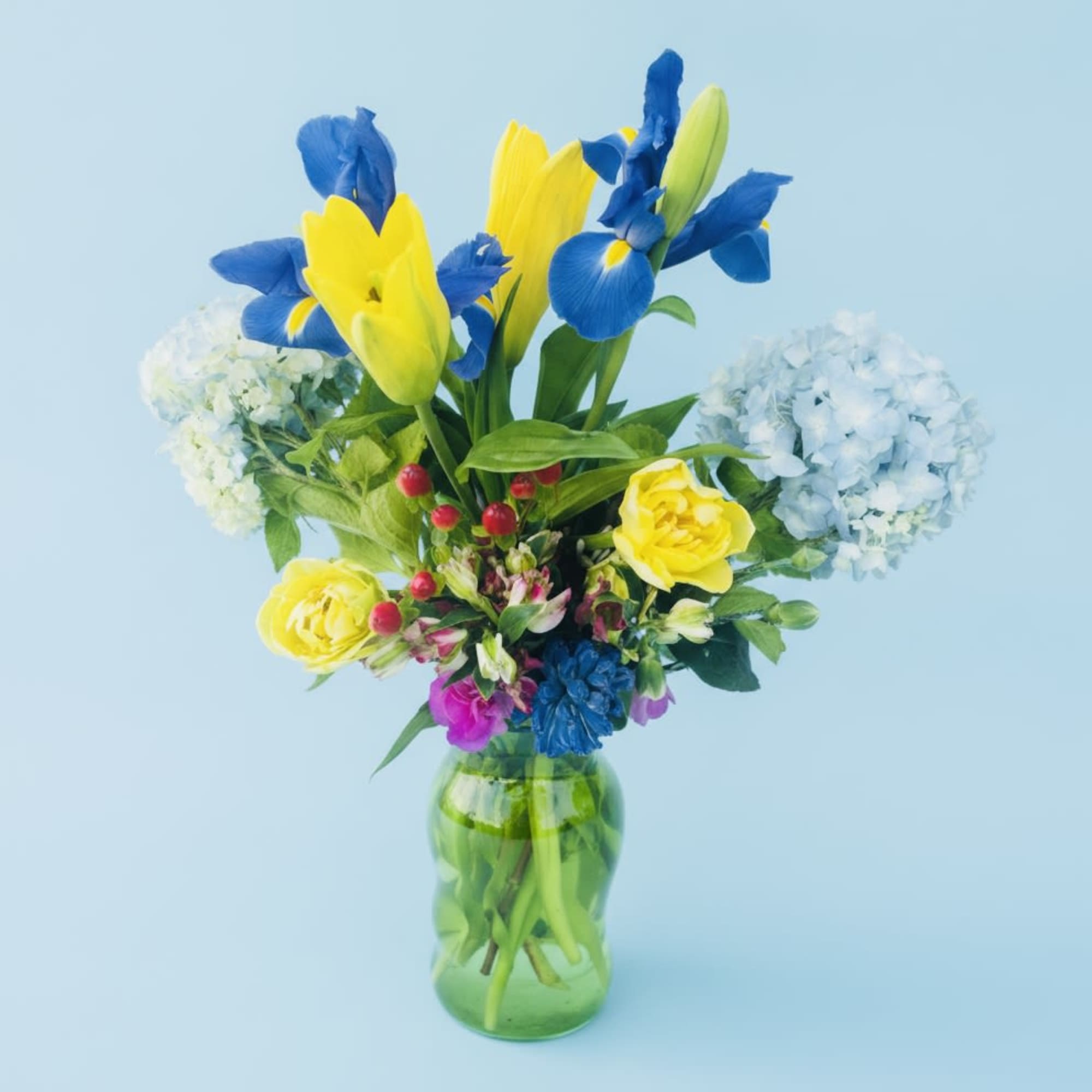 Vivid blue iris and bright yellow tulips create an uplifting focal point