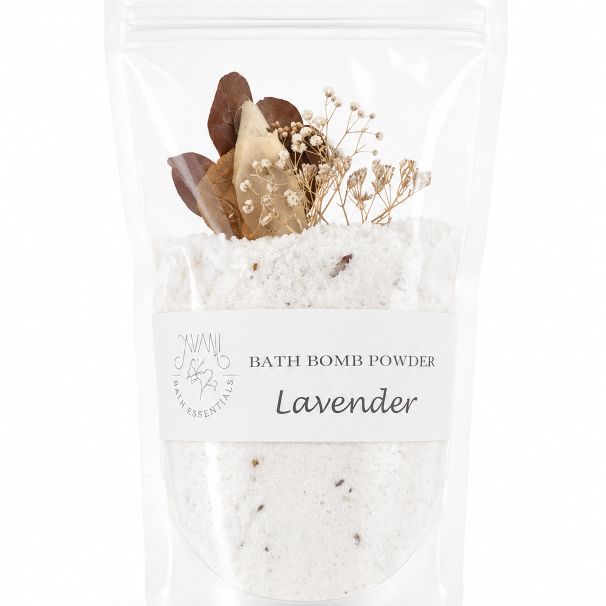 A pocket of calm: a clear resealable pouch of white bath bomb