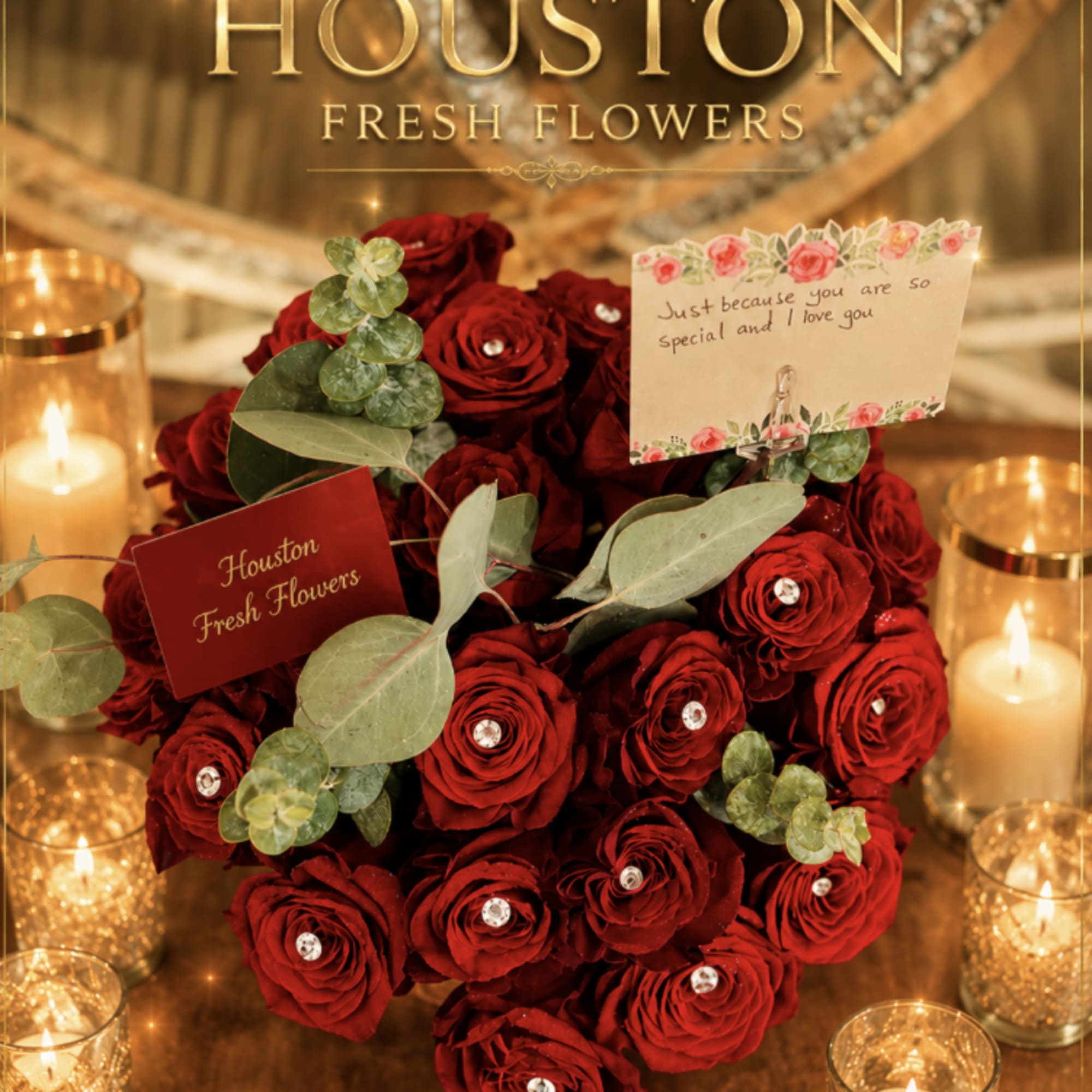 A classic yet contemporary rose arrangement with eucalyptus for any occasion and