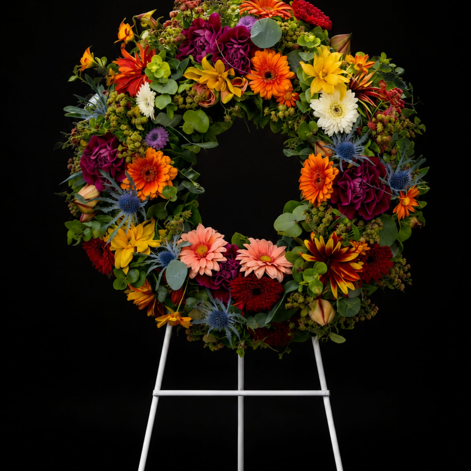 Colorful floral wreath on a white easel against a black background