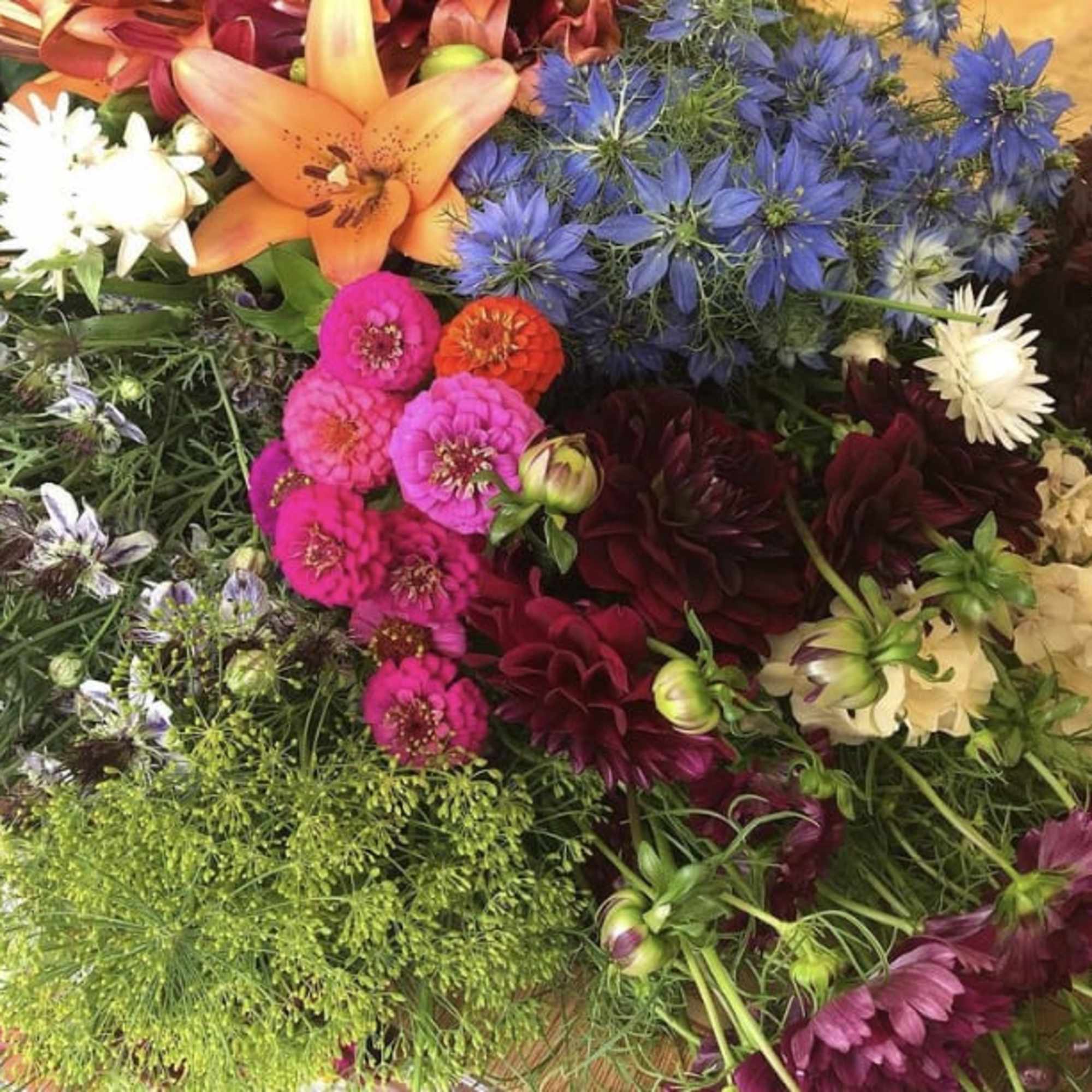Mixed bouquet with orange lily, blue flowers, and pink blooms