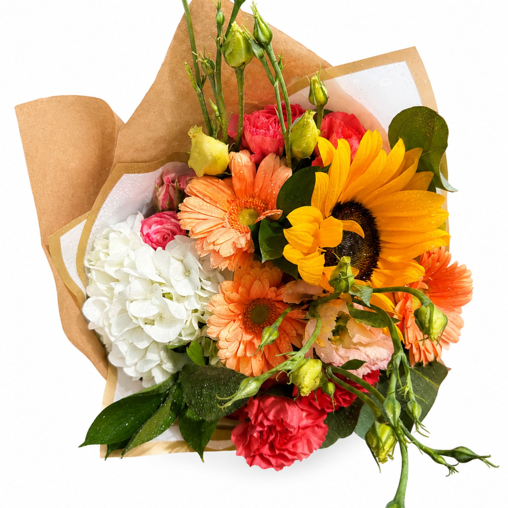 A bold yellow sunflower steals the show in this hand wrapped bouquet-an