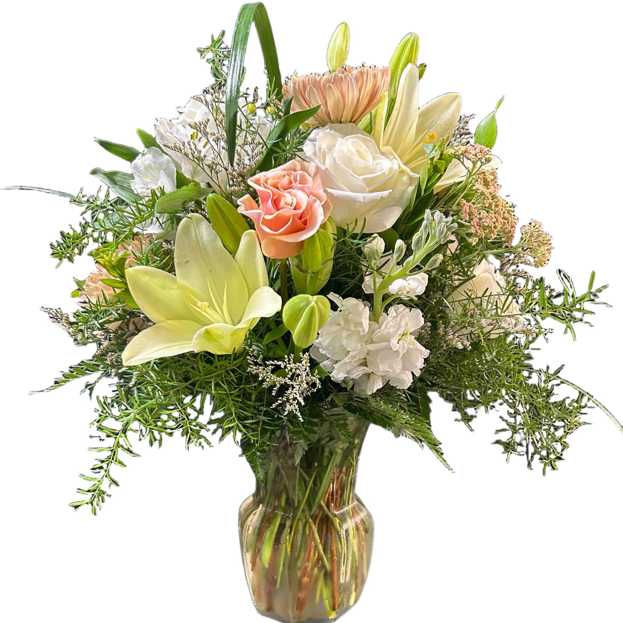Classy bouquet of peach, white, and green