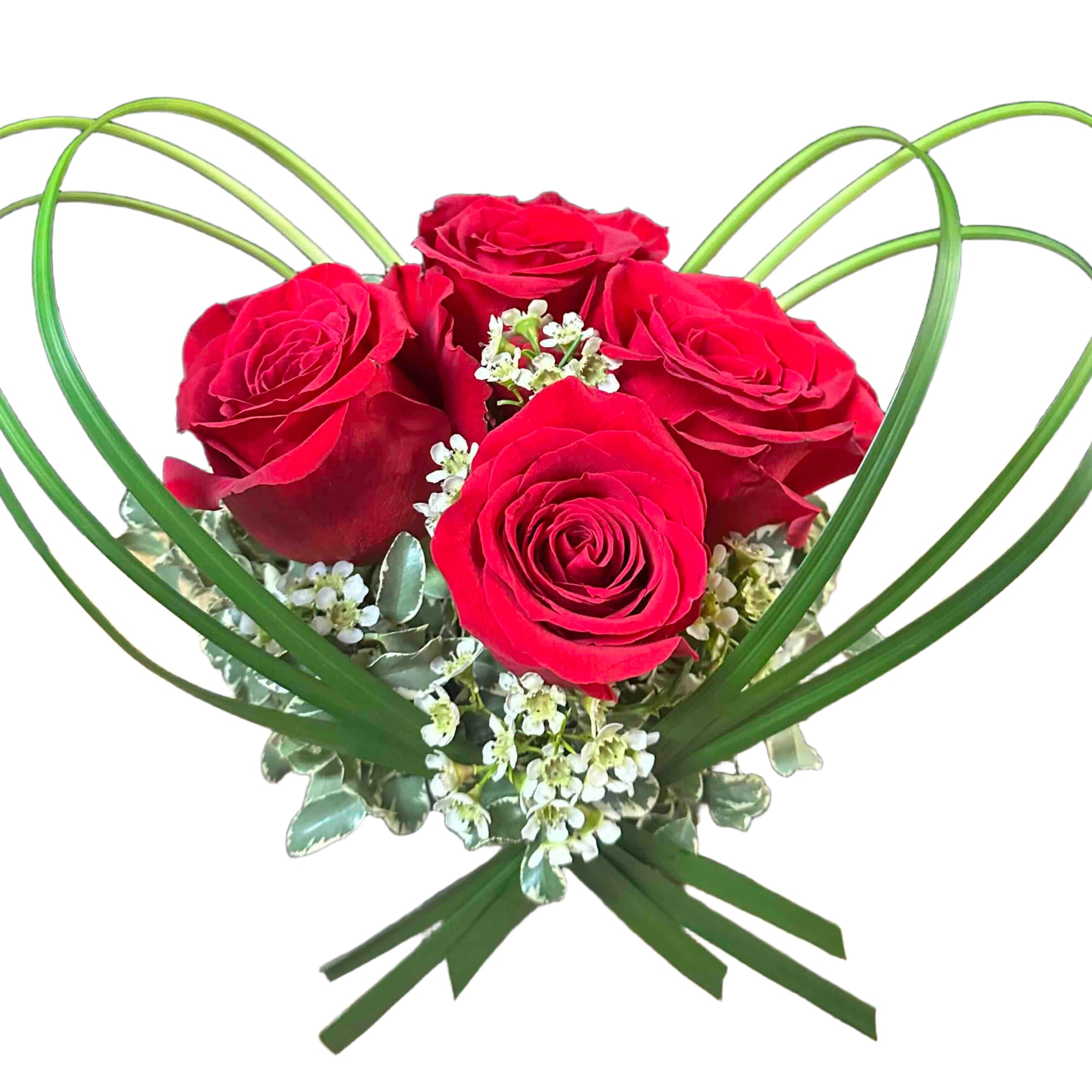 Fun, modern arrangement of roses with lily grass, waxflower and greens