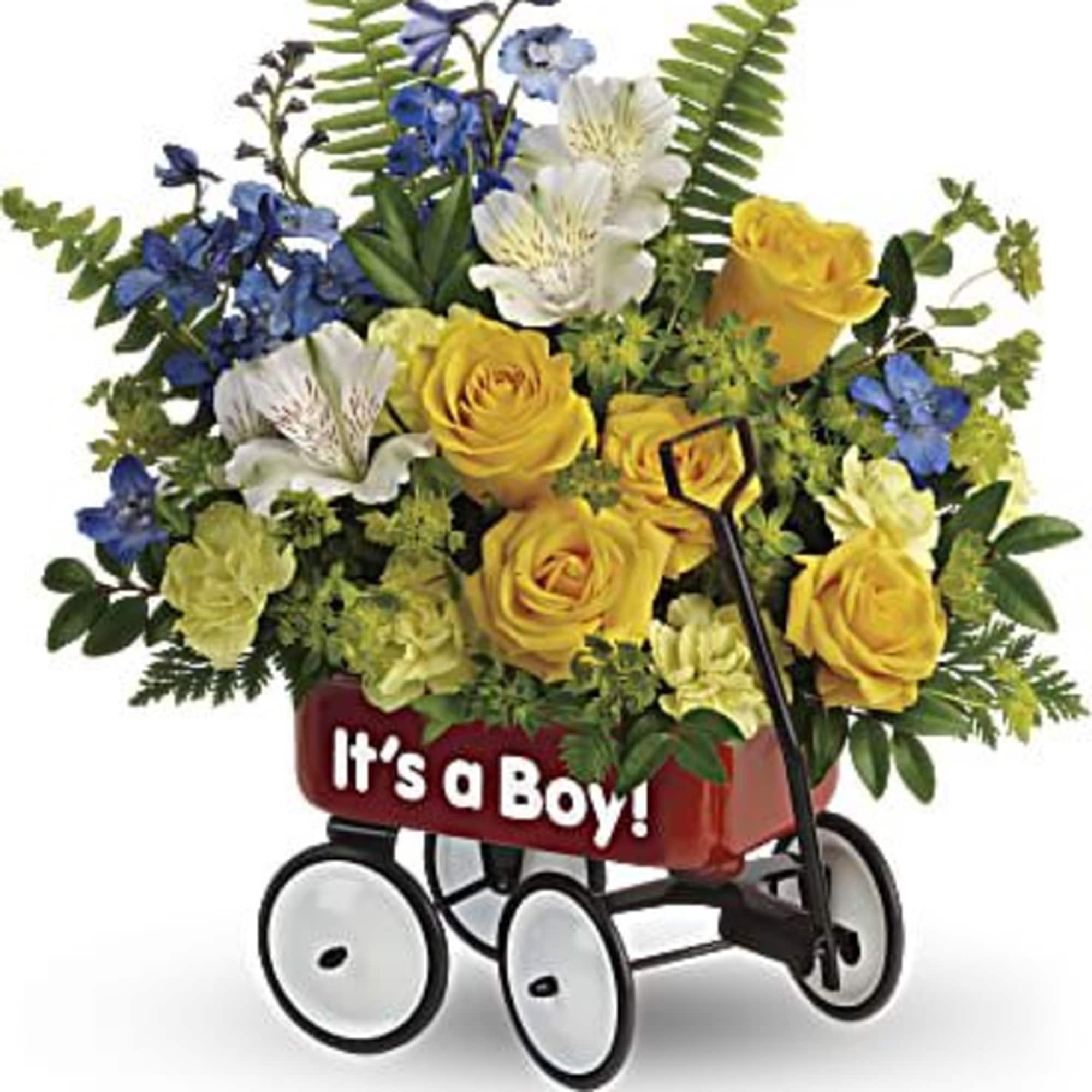 Yellow and white flower arrangement in a red wagon with "It's a Boy!" text
