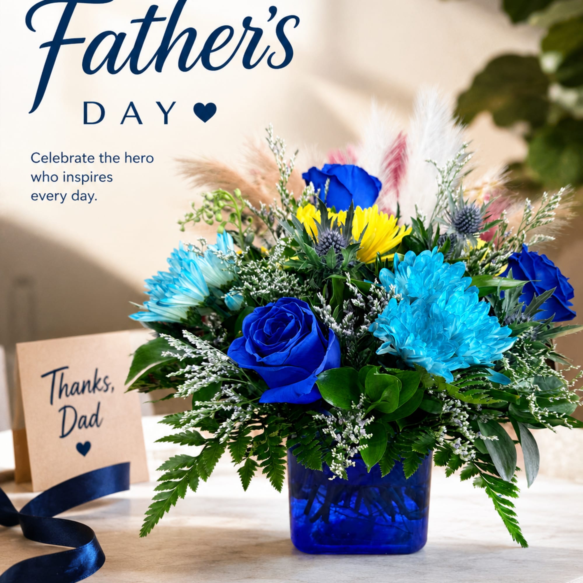 Vivid cobalt-blue roses and bright blue chrysanthemums make a bold first impression