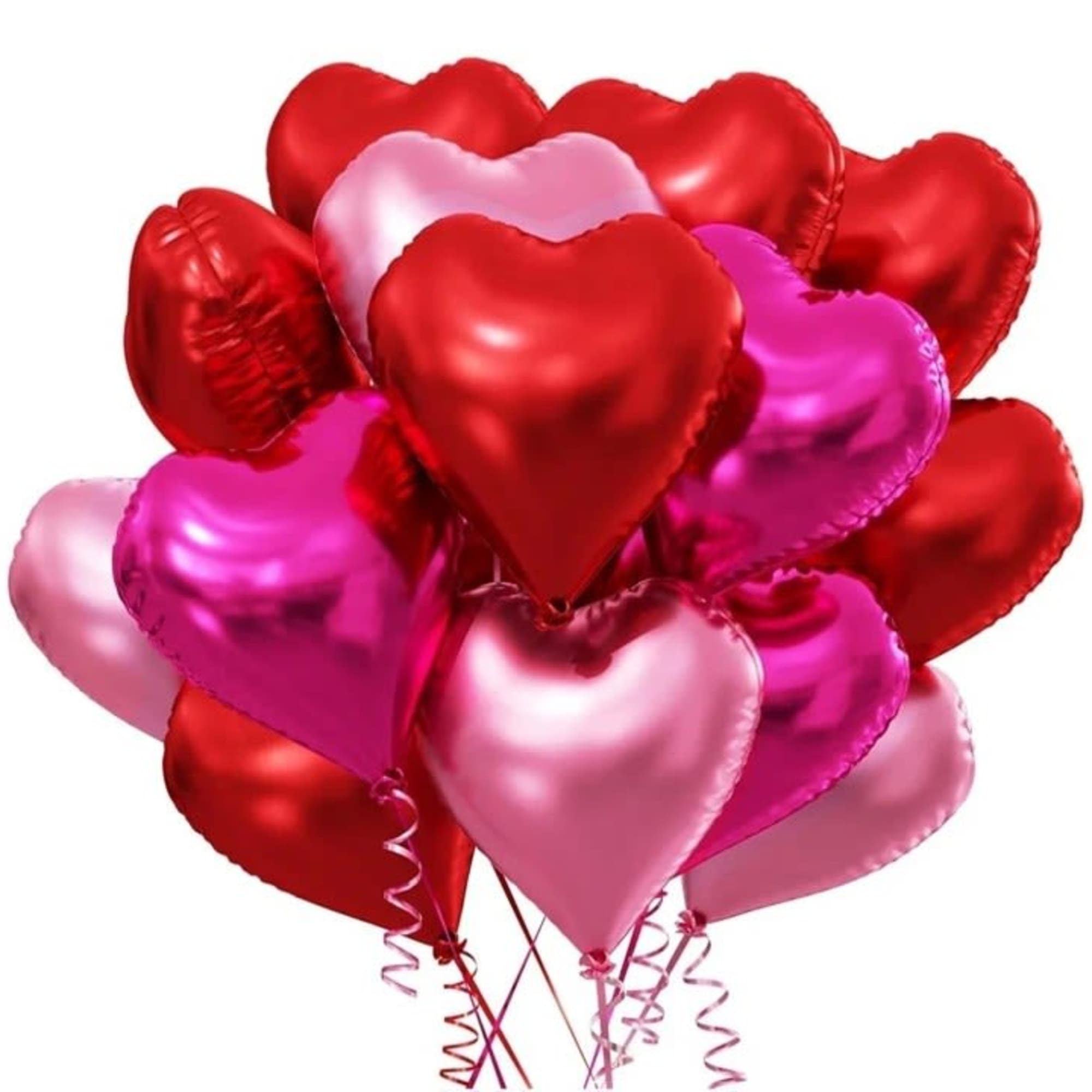 Cluster of heart-shaped red and pink balloons with curling ribbons