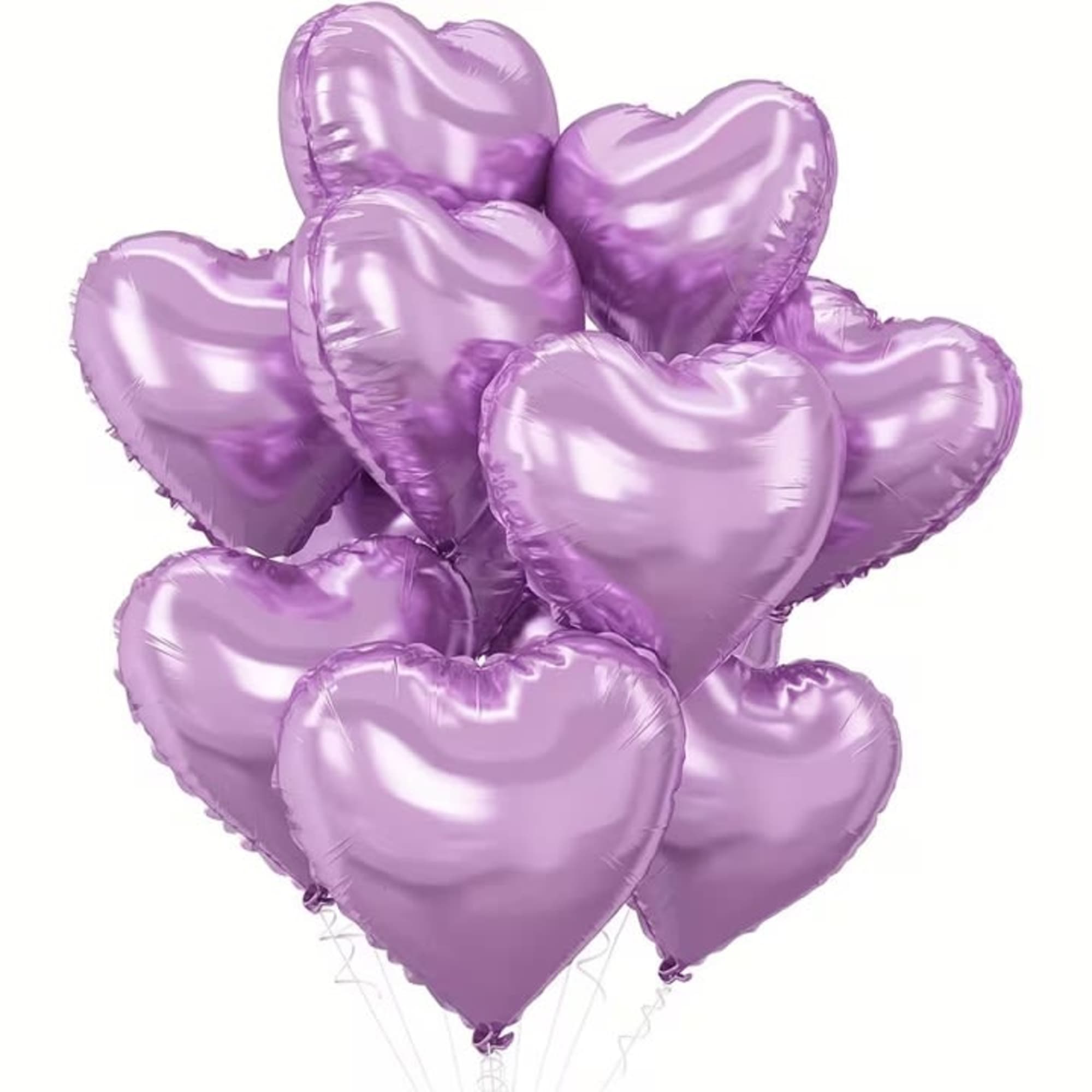 Cluster of lavender heart-shaped balloons on white background