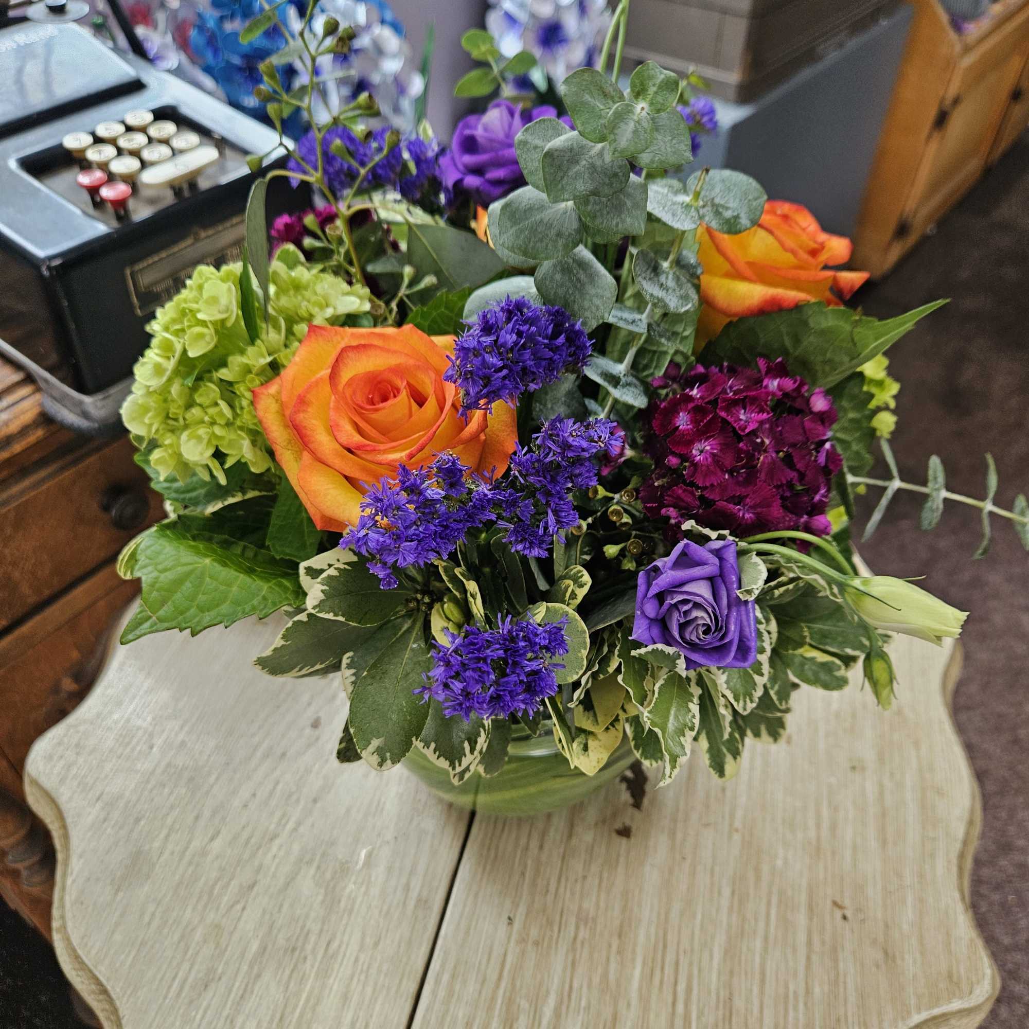 Bi-color yellow and red high &amp; magic roses with pops of purple