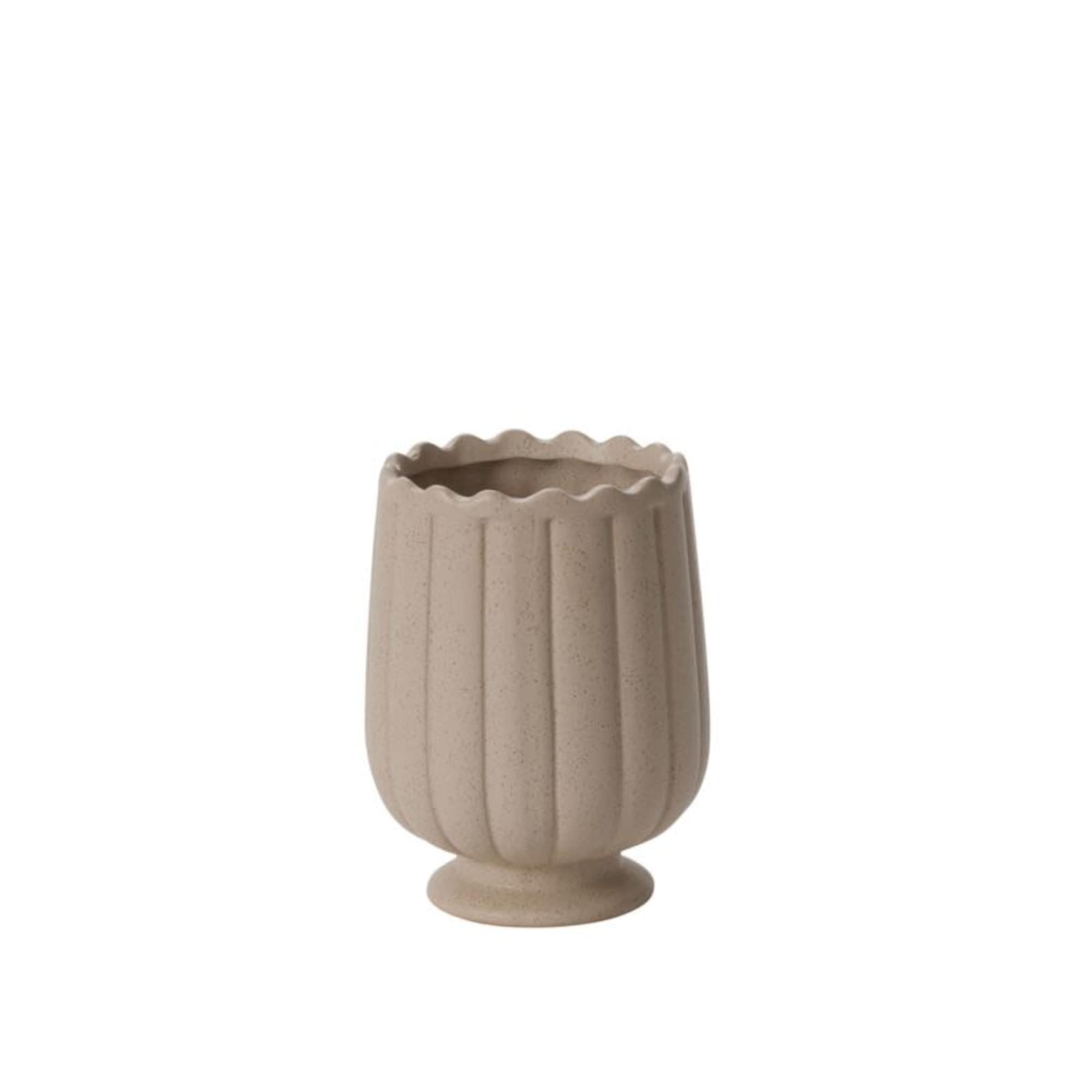 Ceramic vessel with scalloped trim and vertical lines available in two sizes