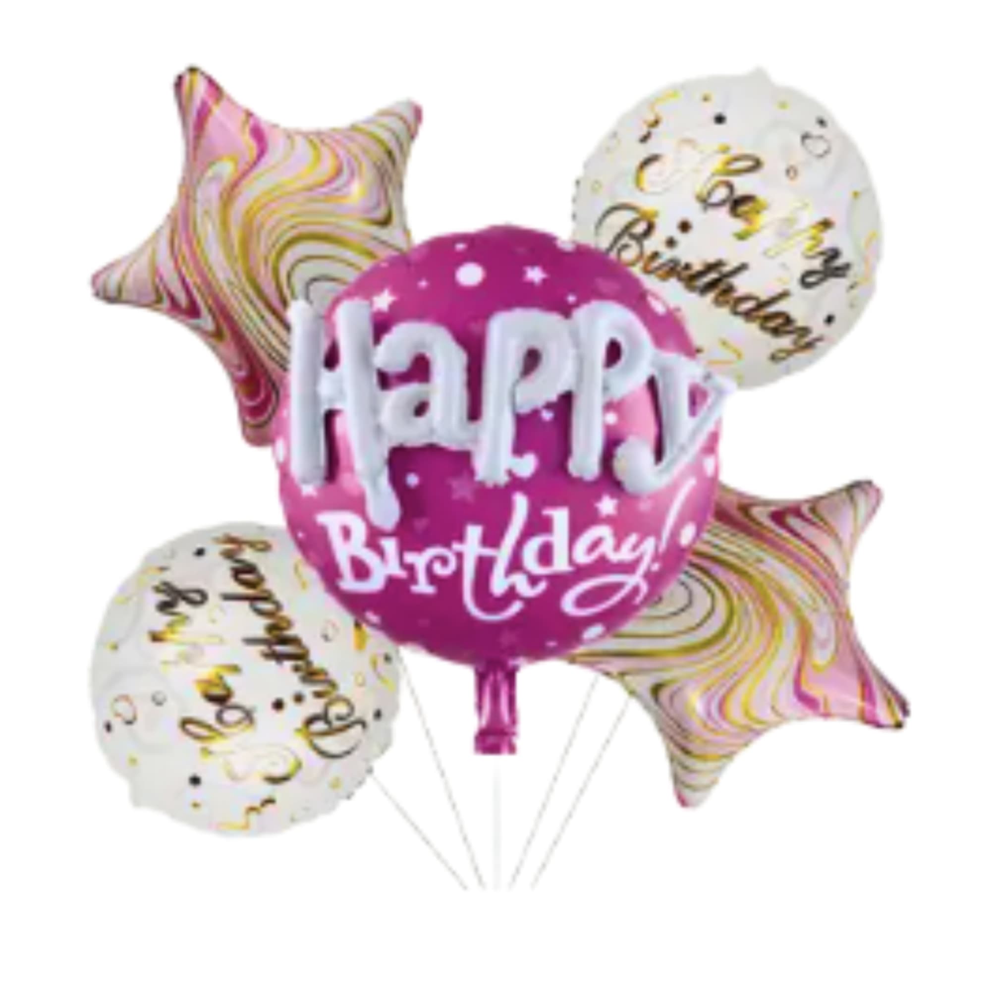 Birthday balloon bouquet with a pink "Happy Birthday" balloon and star balloons