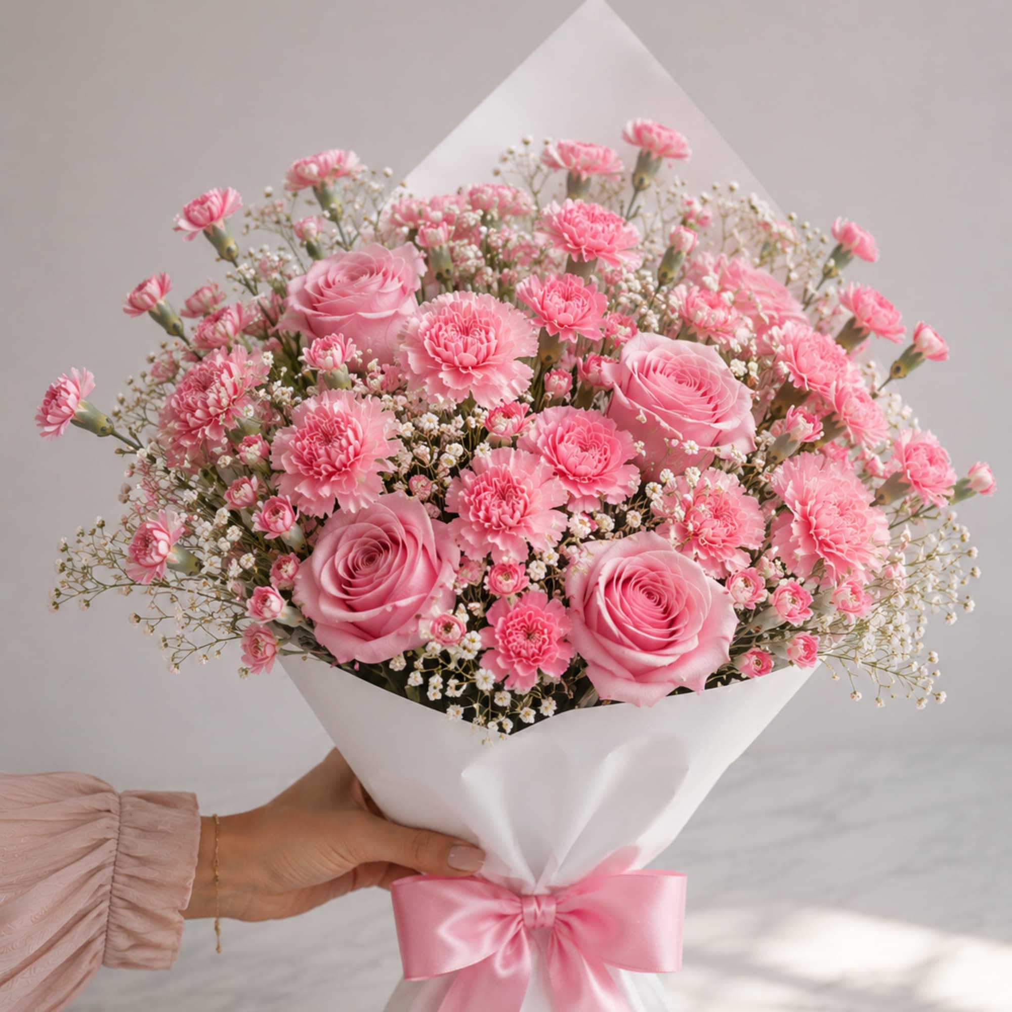A soft spray of pink roses and clustered carnations makes this blush-toned
