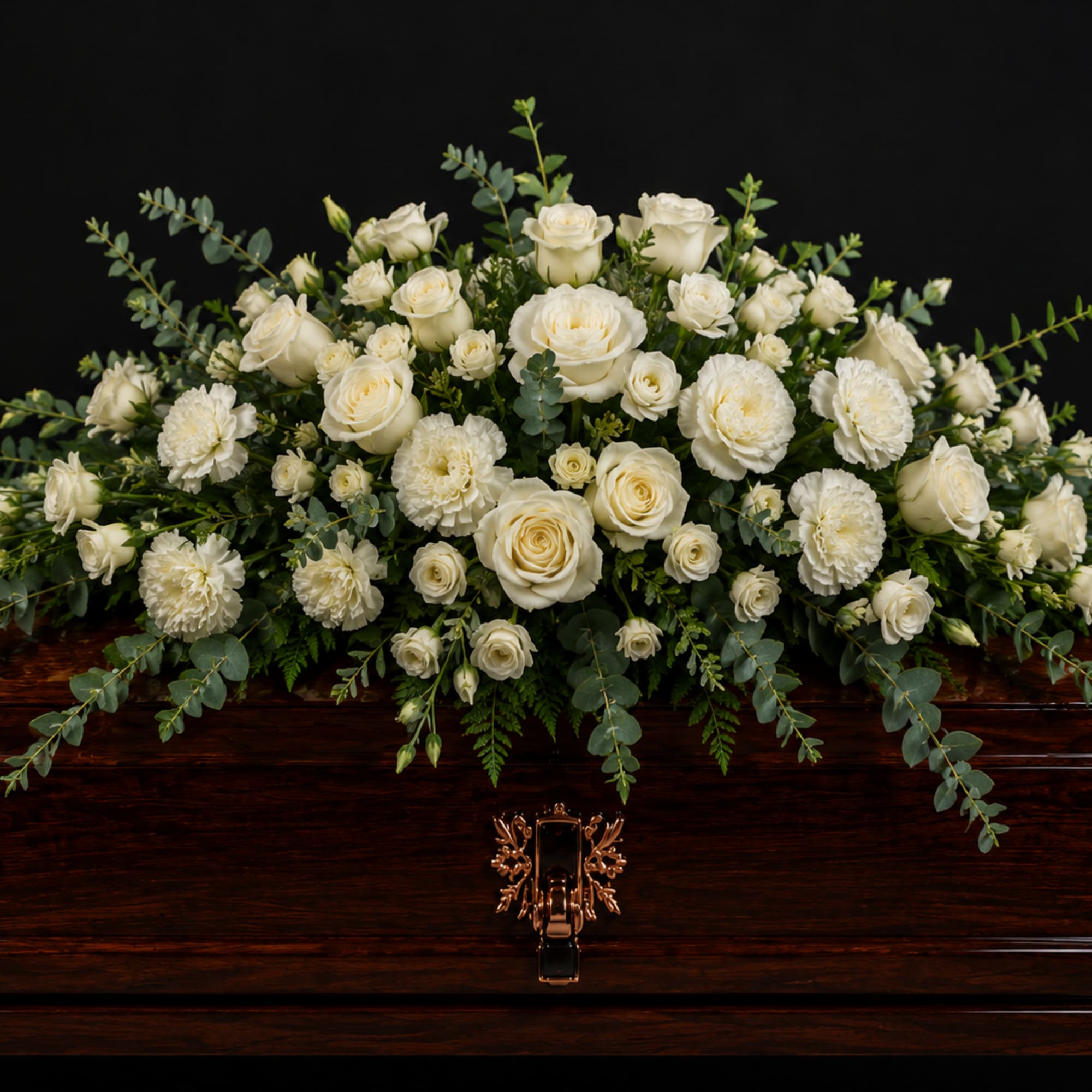 A wide, low casket spray of white roses and clustered white carnations