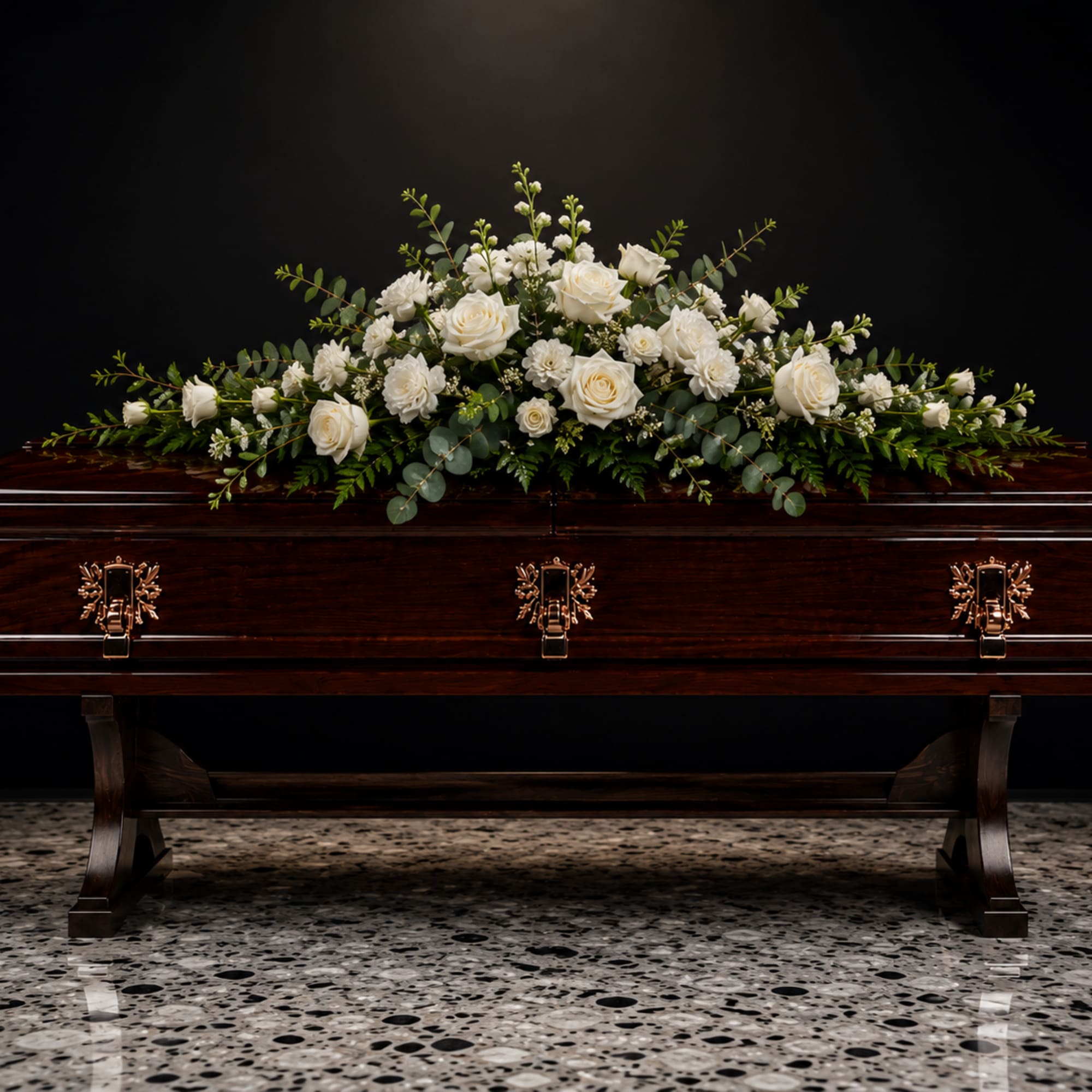 A wide, low casket spray of white roses and clustered white carnations