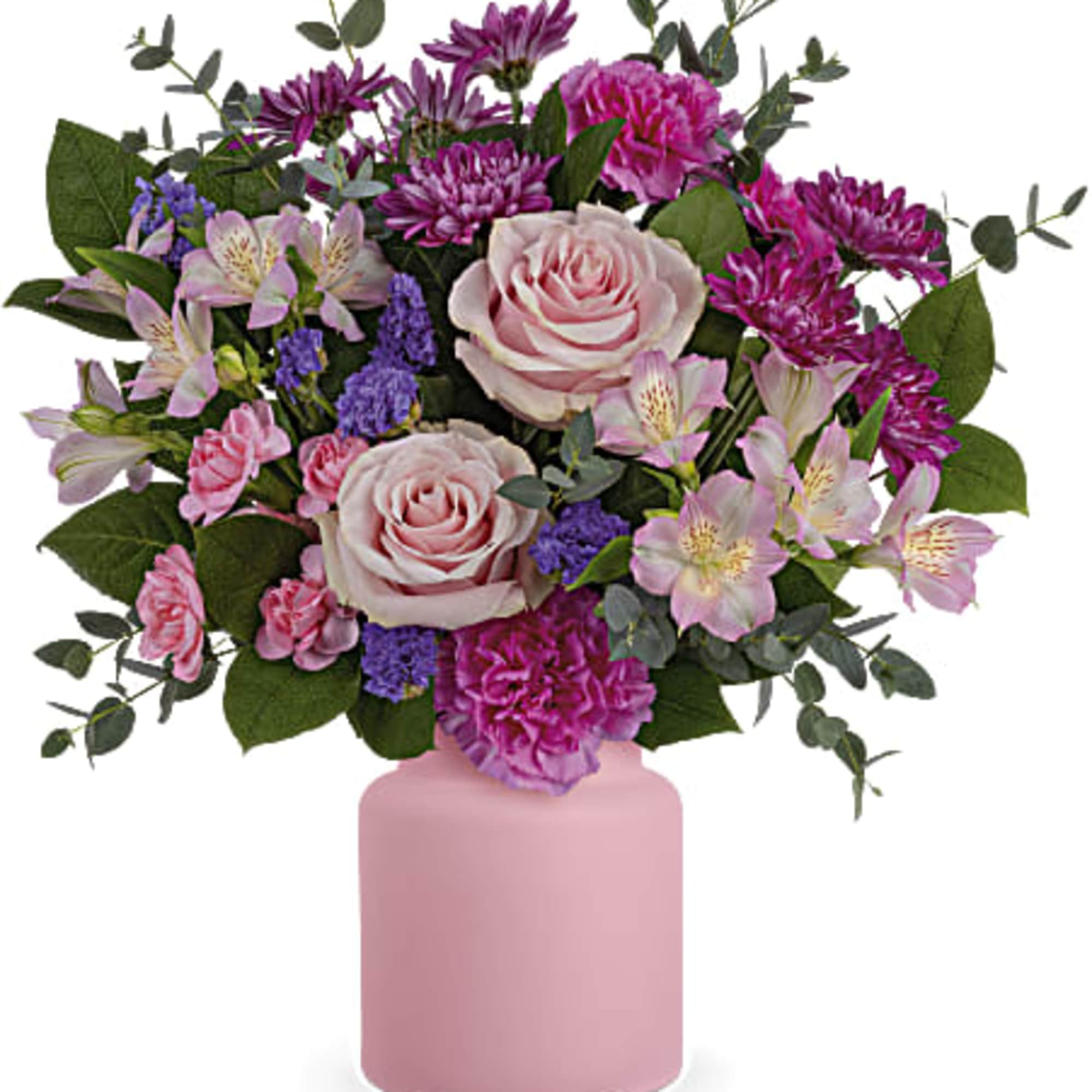 Pink and purple mixed bouquet in a pink vase