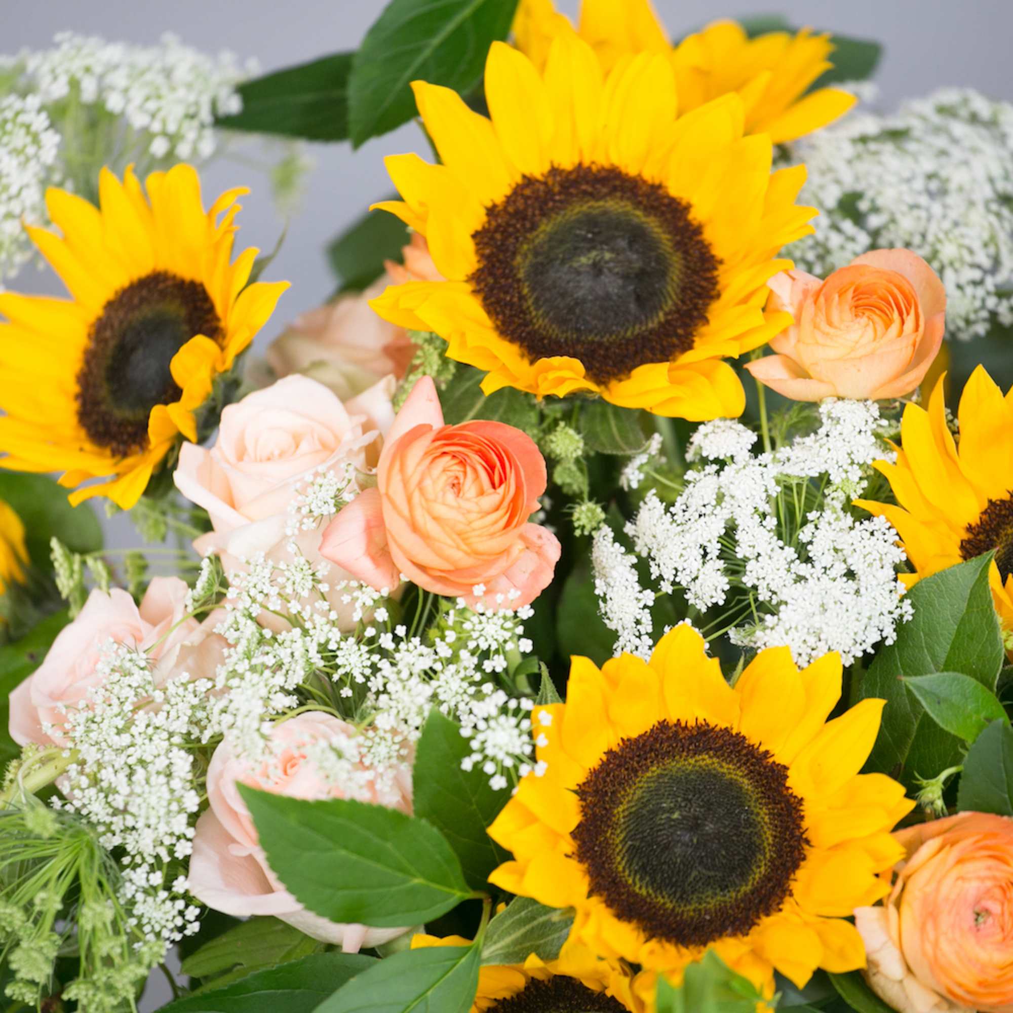 Bouquet of sunflowers and peach roses with white filler flowers