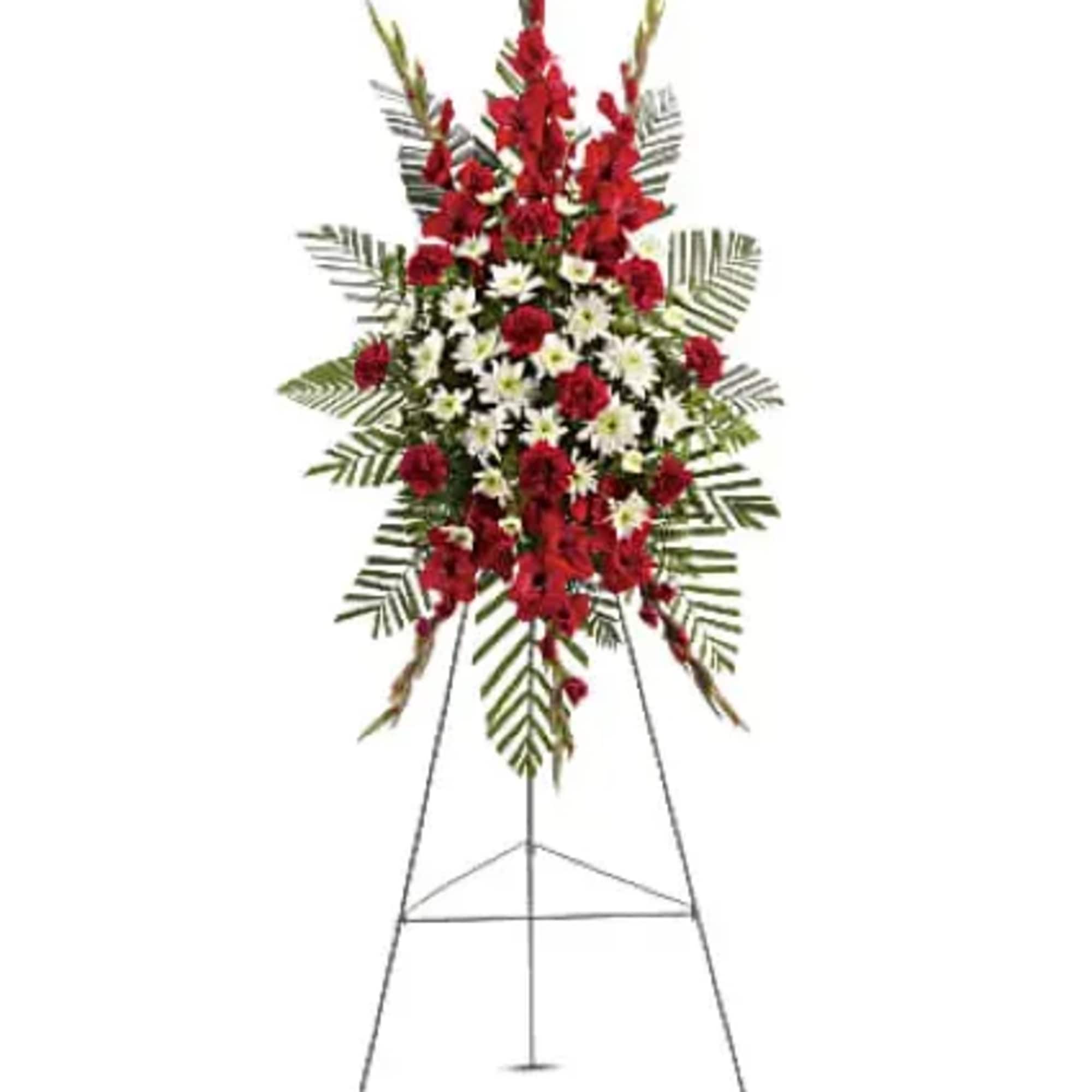 A beautiful complement to the memorial service, this gorgeous spray of red