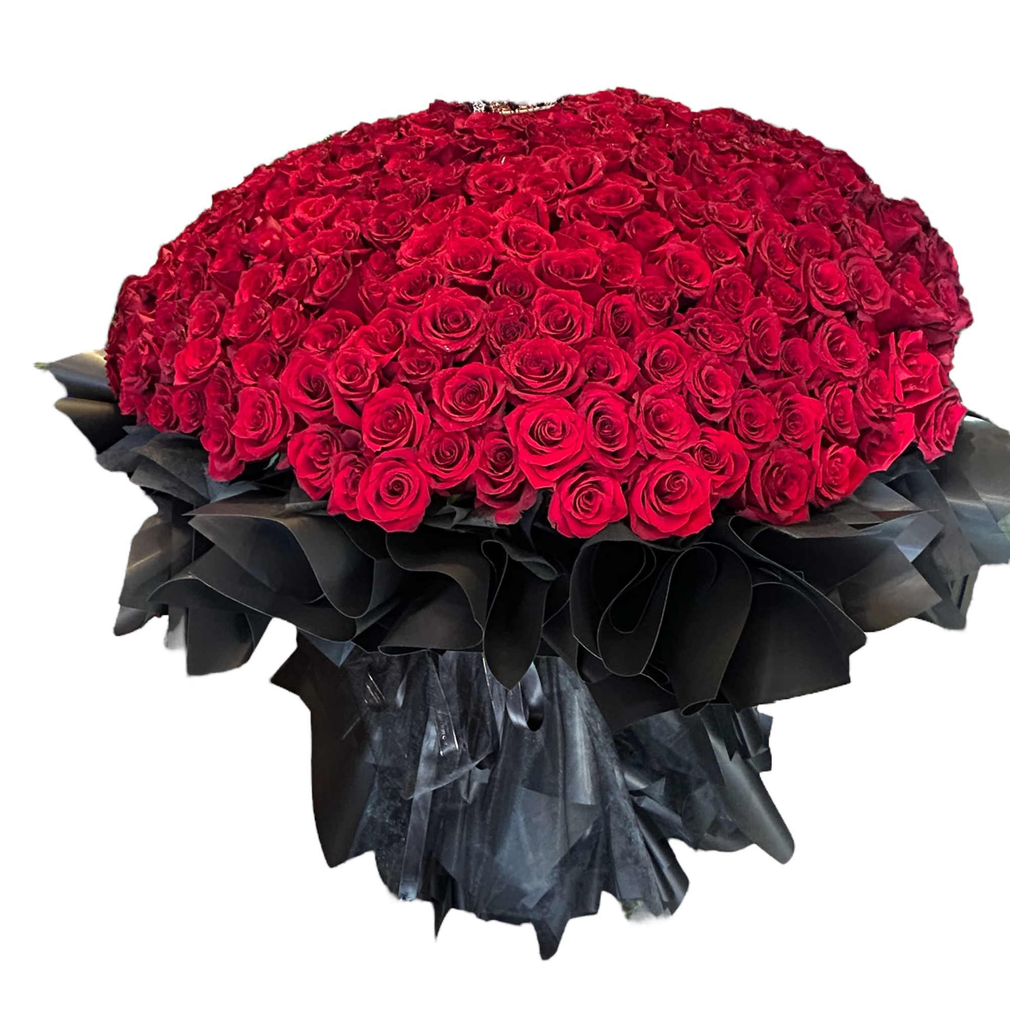 Large bouquet of red roses wrapped in black paper