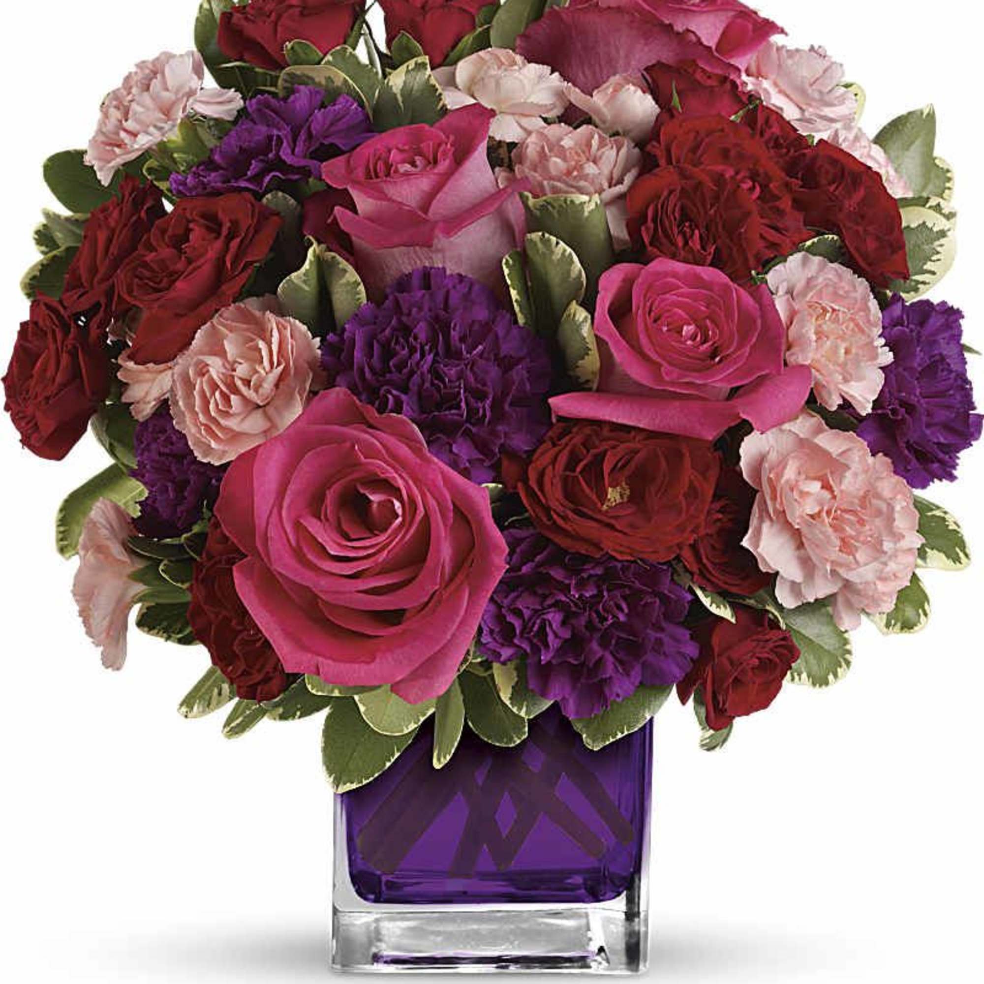 

Passionately pink! Hot pink roses and dark red spray roses are arranged