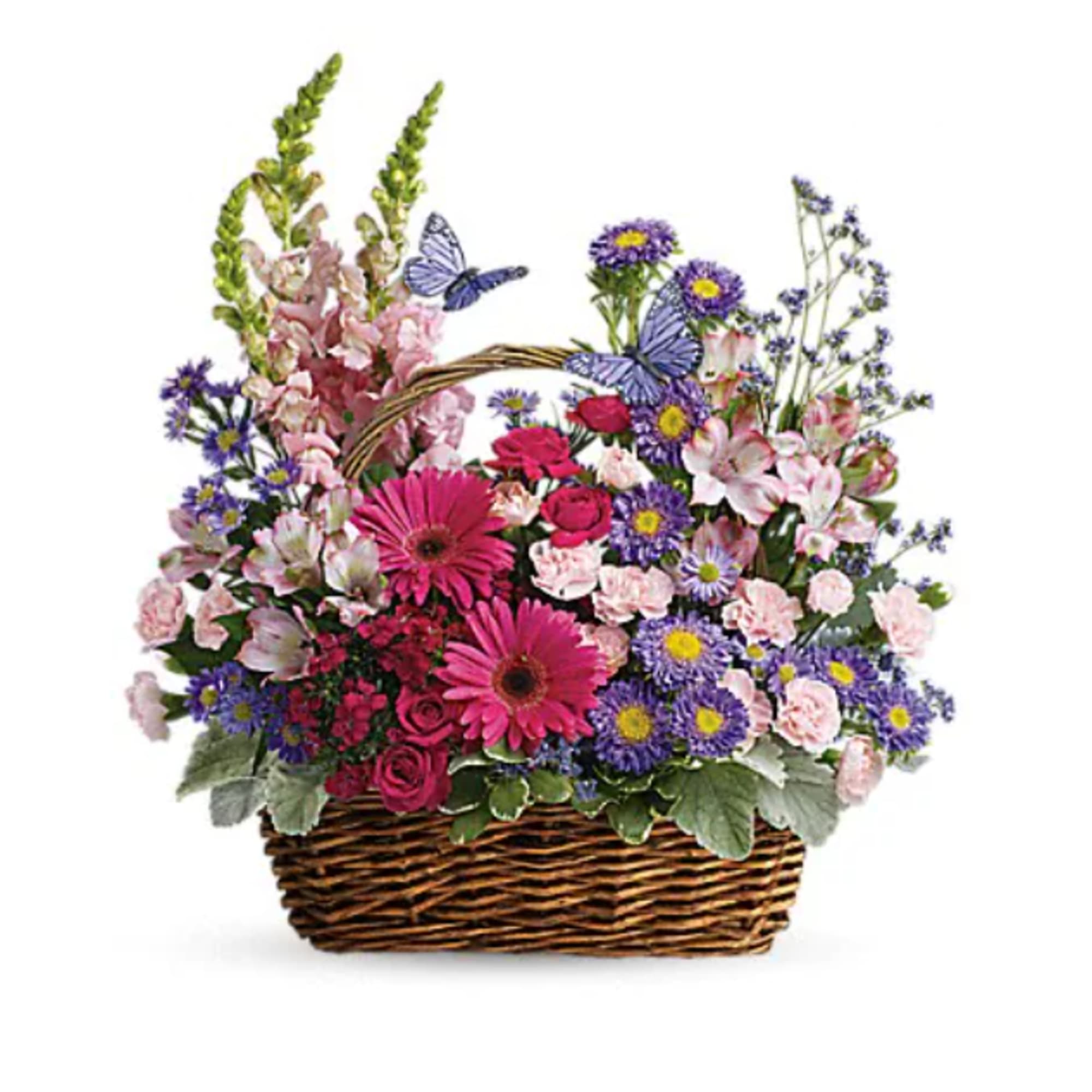 Basket arrangement of pink, purple, and white flowers with butterfly accents