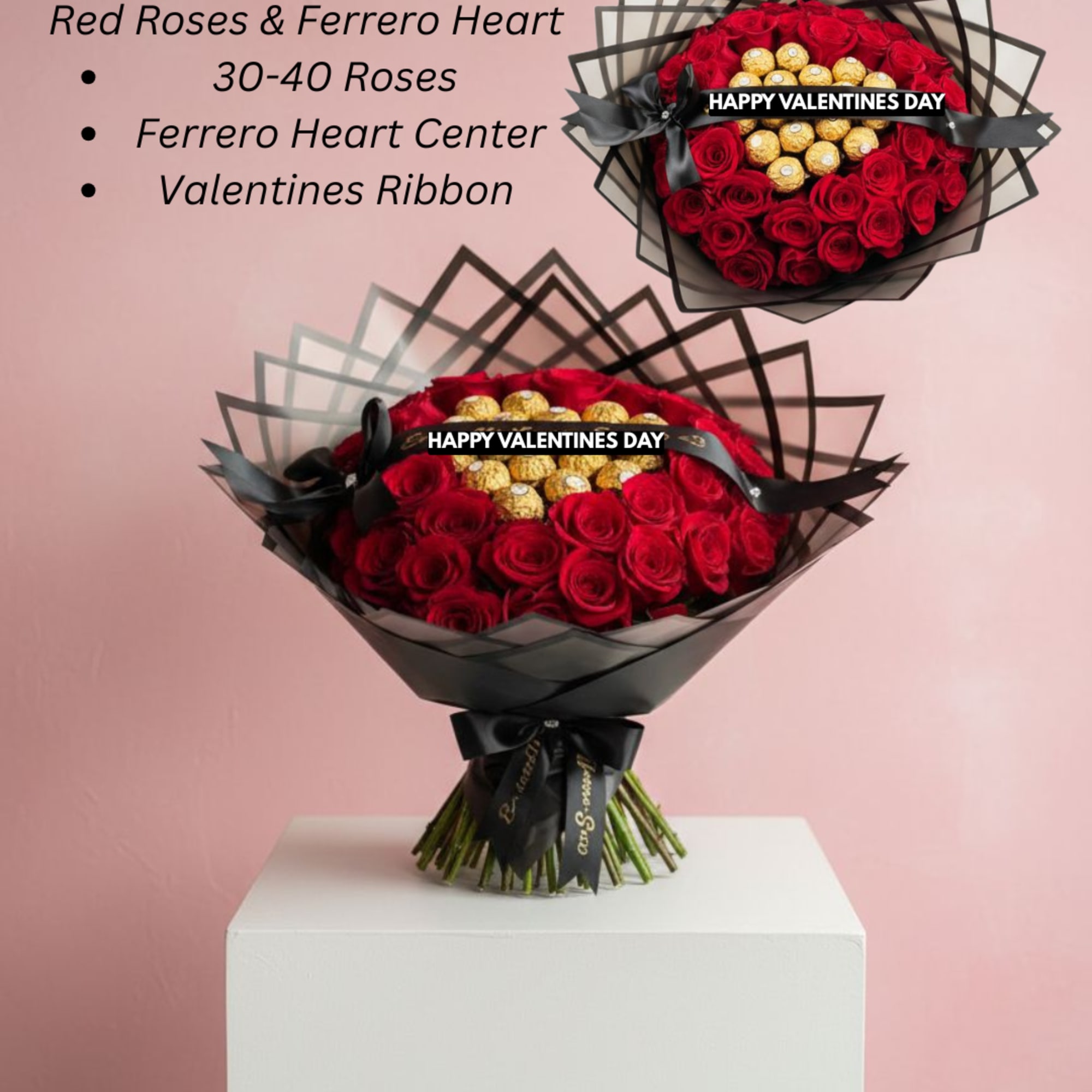 Large bouquet of red roses with gold-wrapped chocolates in a heart center, wrapped in black paper and ribbon