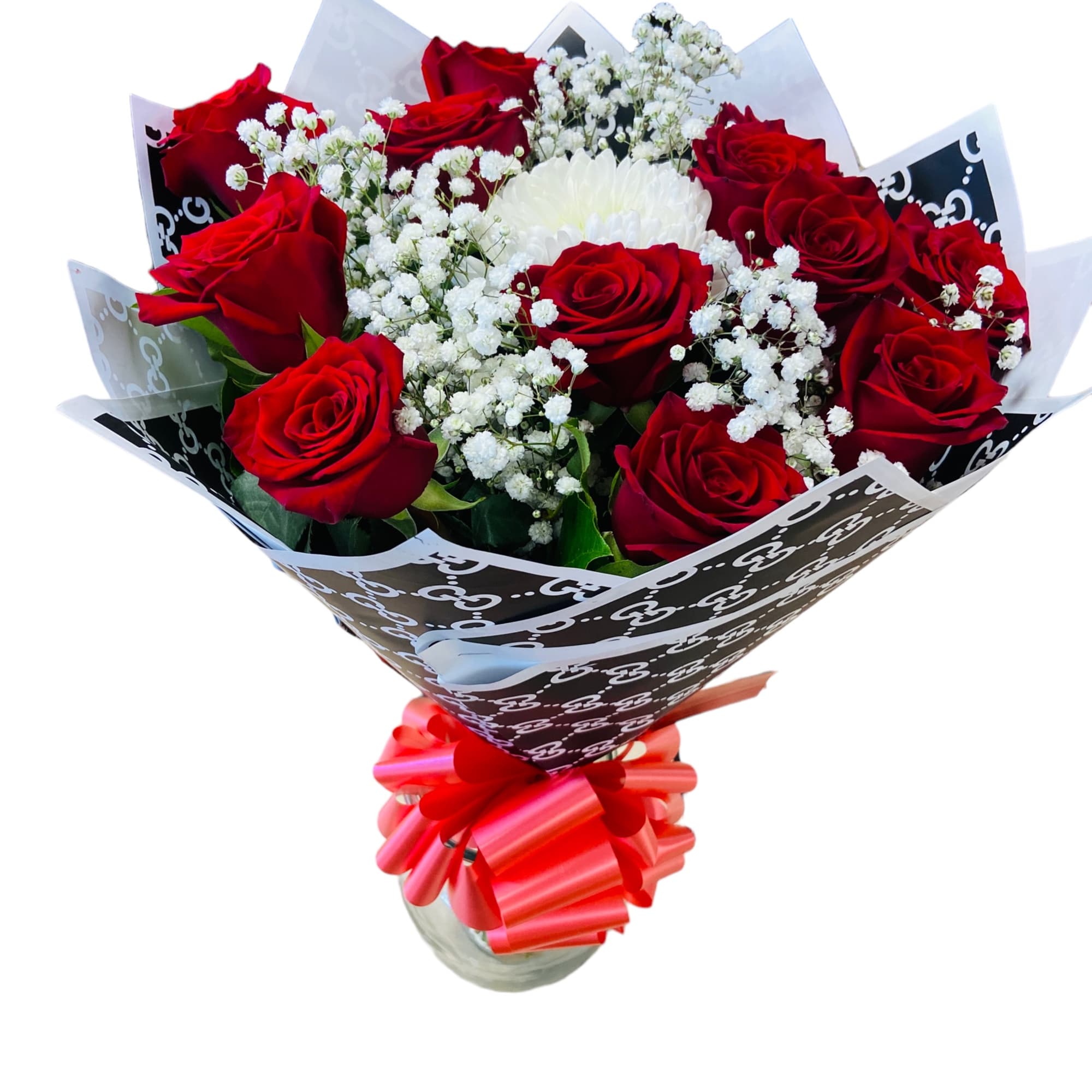 Bouquet of red roses and white baby's breath wrapped in black-and-white paper
