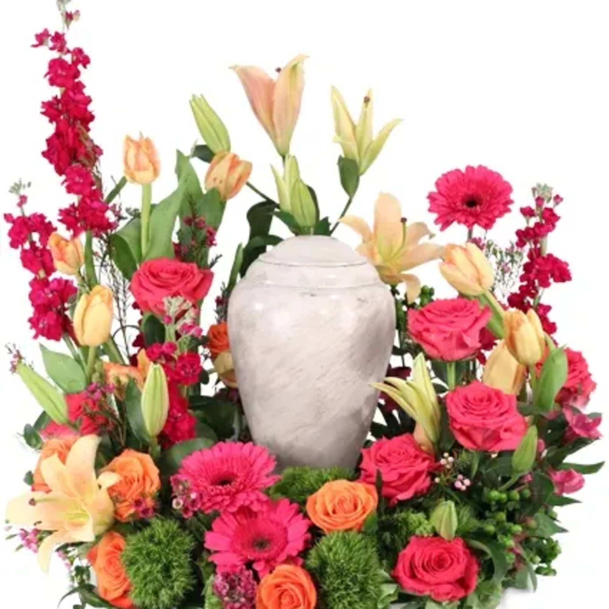 Consoling Embrace is a stunning memorial arrangement brimming with hot pink roses