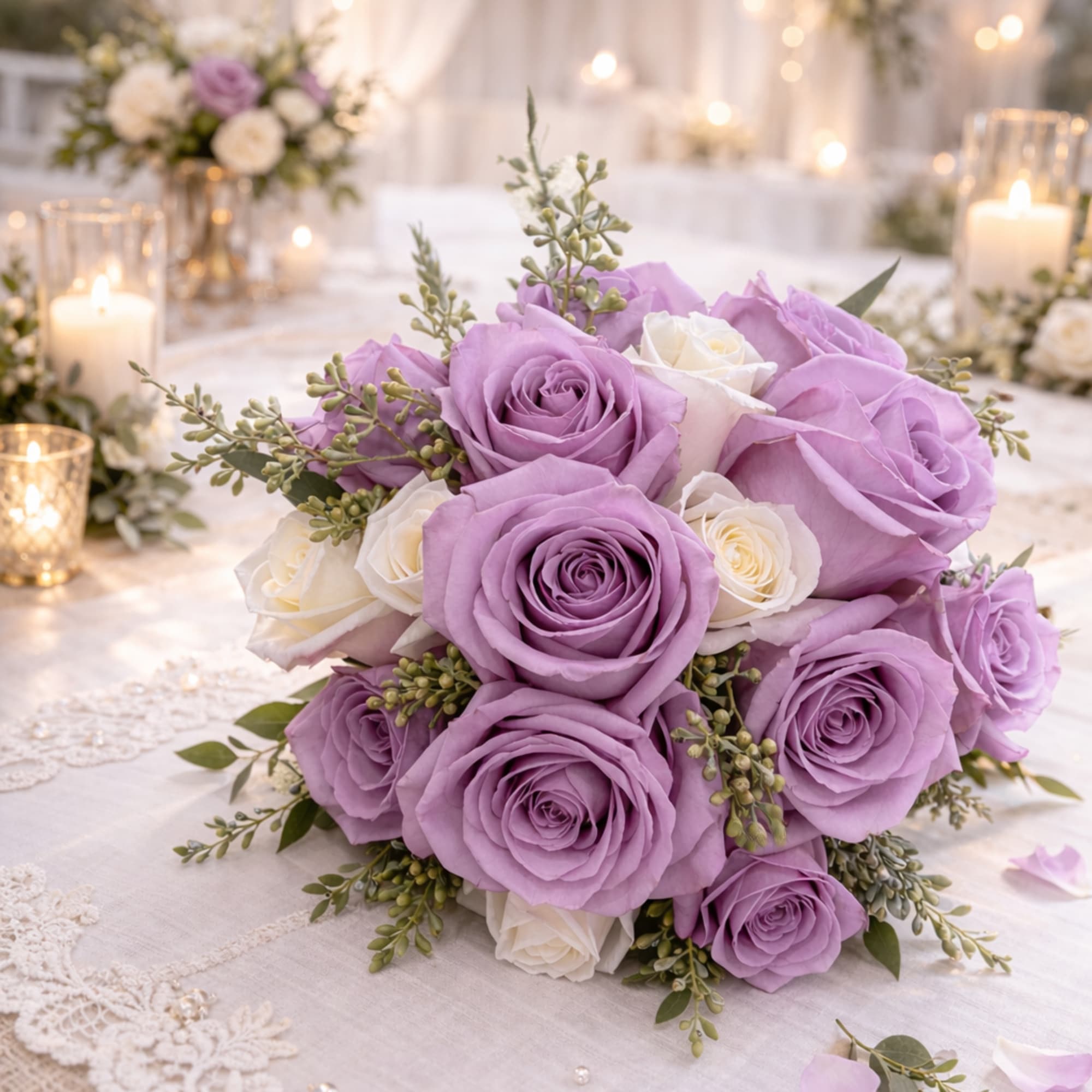 Lavender Skies features soft lavender and white roses accented with seeded eucalyptus